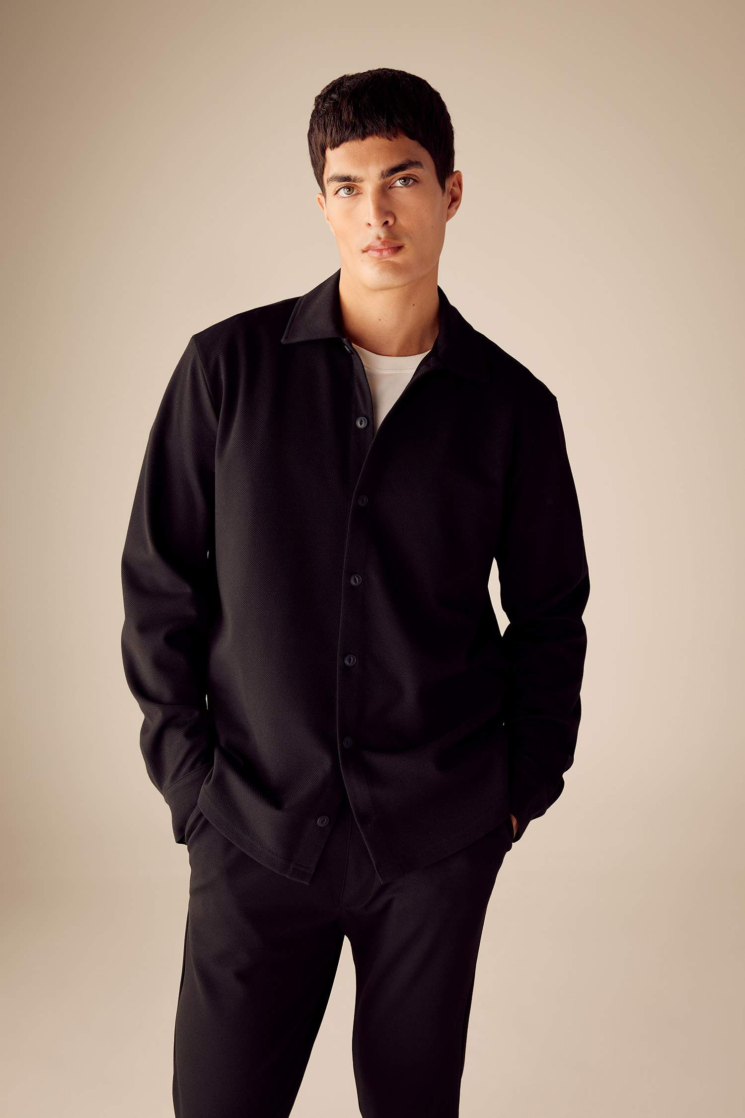 Regular Fit Polo Collar Cotton Basic Long Sleeve Shirt