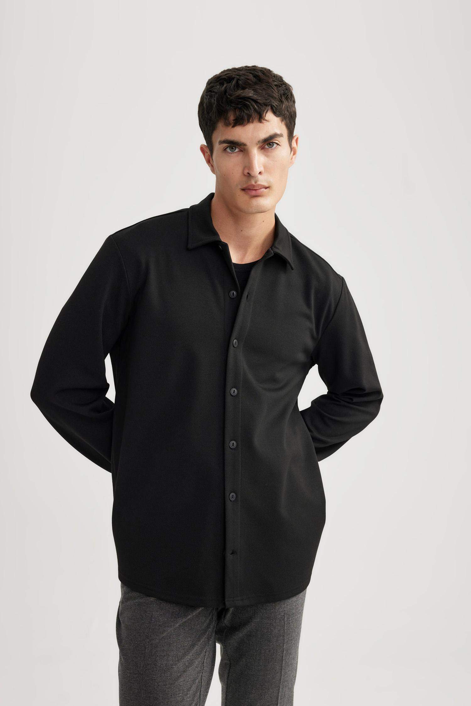 Regular Fit Polo Collar Cotton Basic Long Sleeve Shirt
