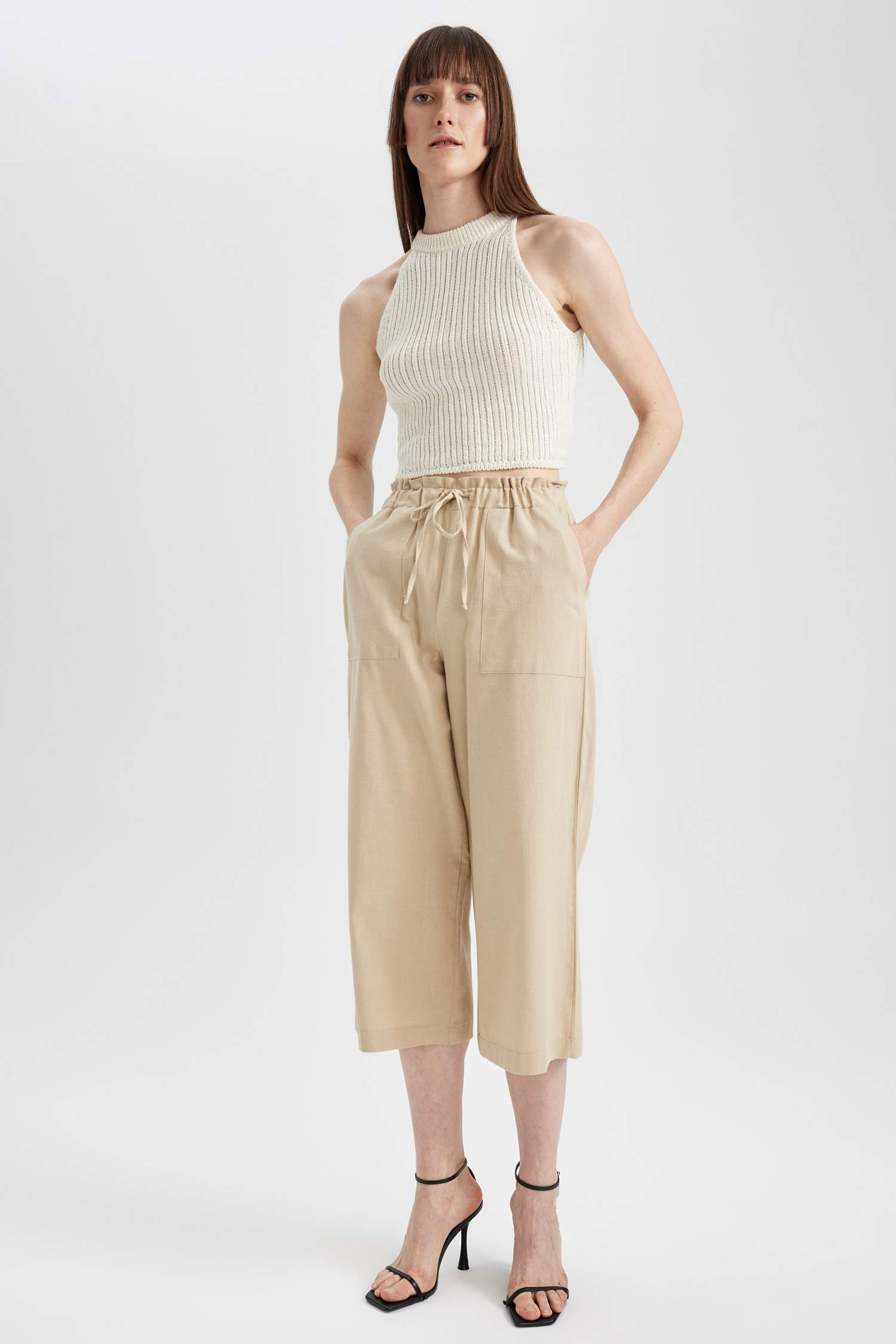 Wide Leg High Waist Linen Blend Capri