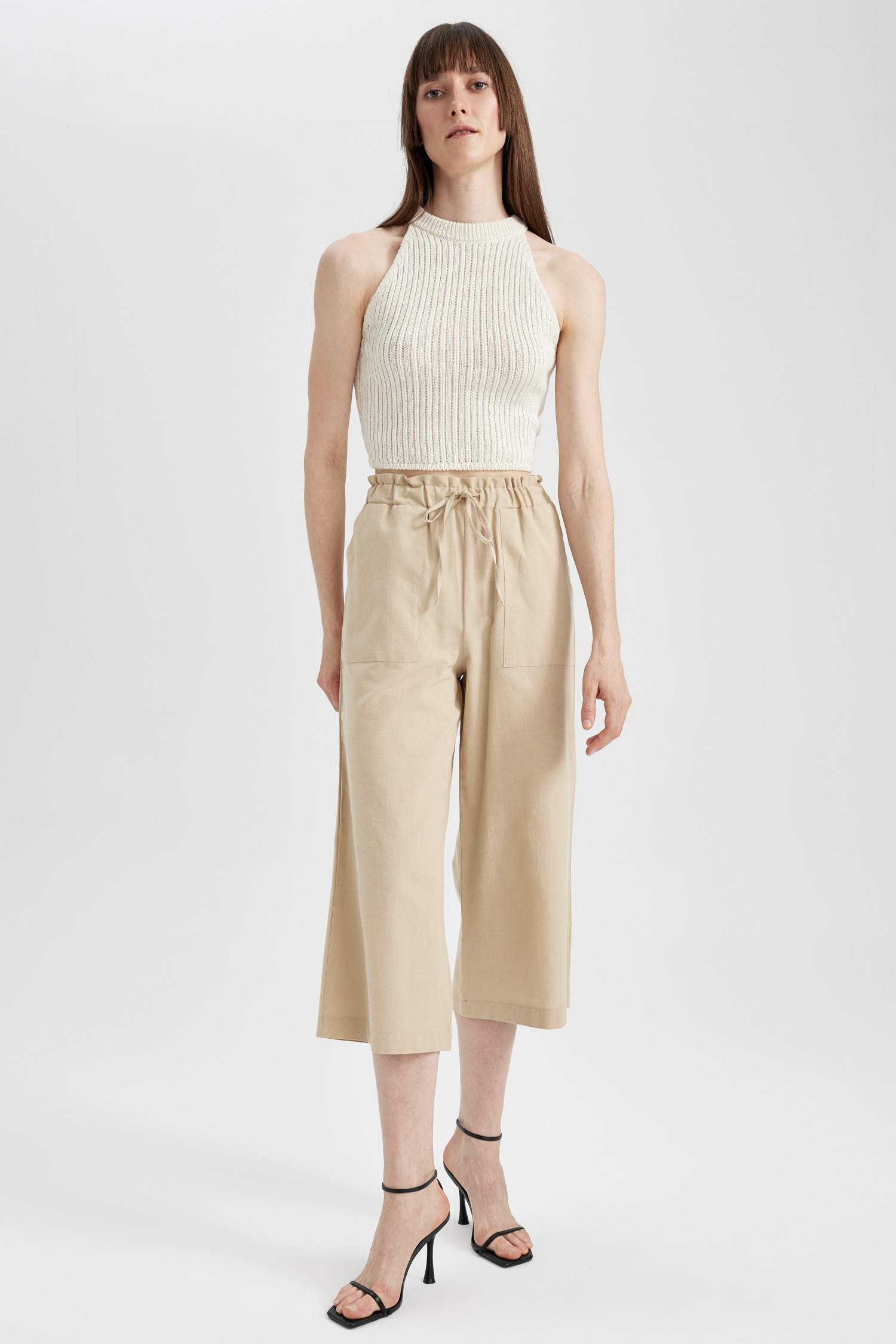 Wide Leg High Waist Linen Blend Capri