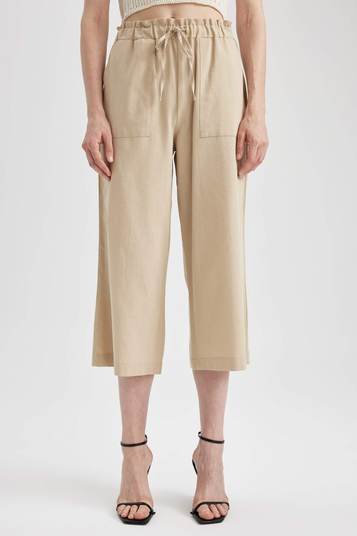 Wide Leg High Waist Linen Blend Capri