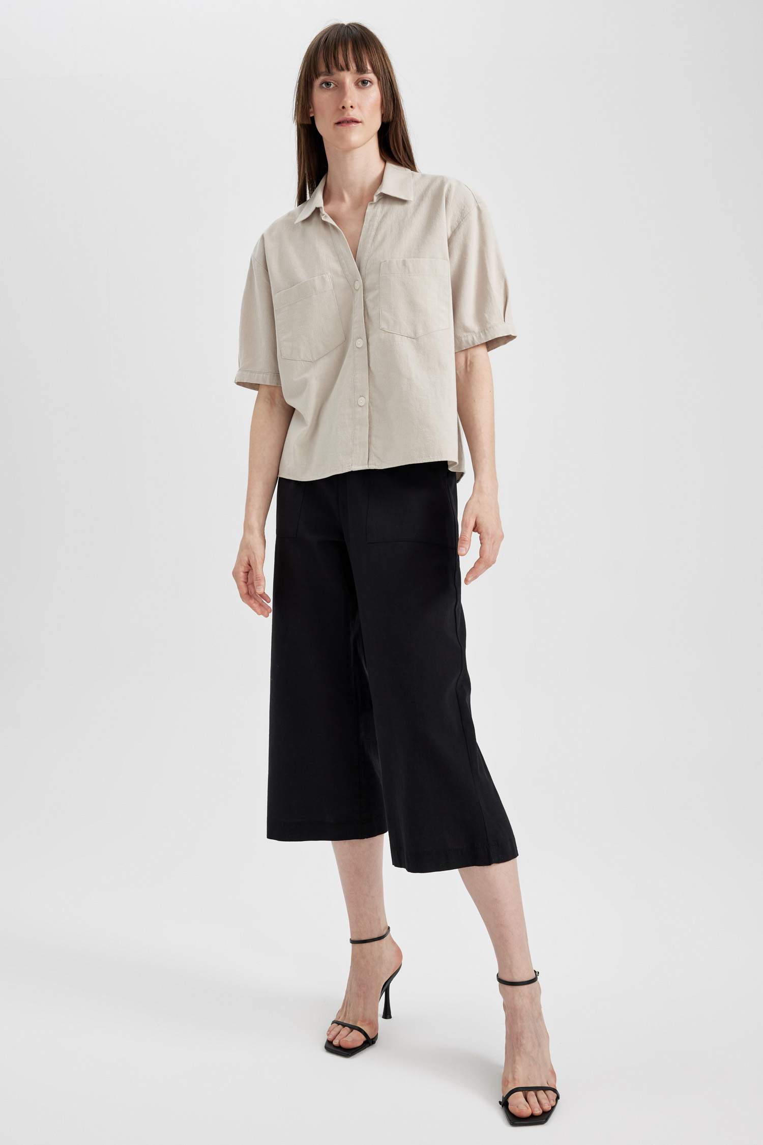 Wide Leg High Waist Linen Blend Capri