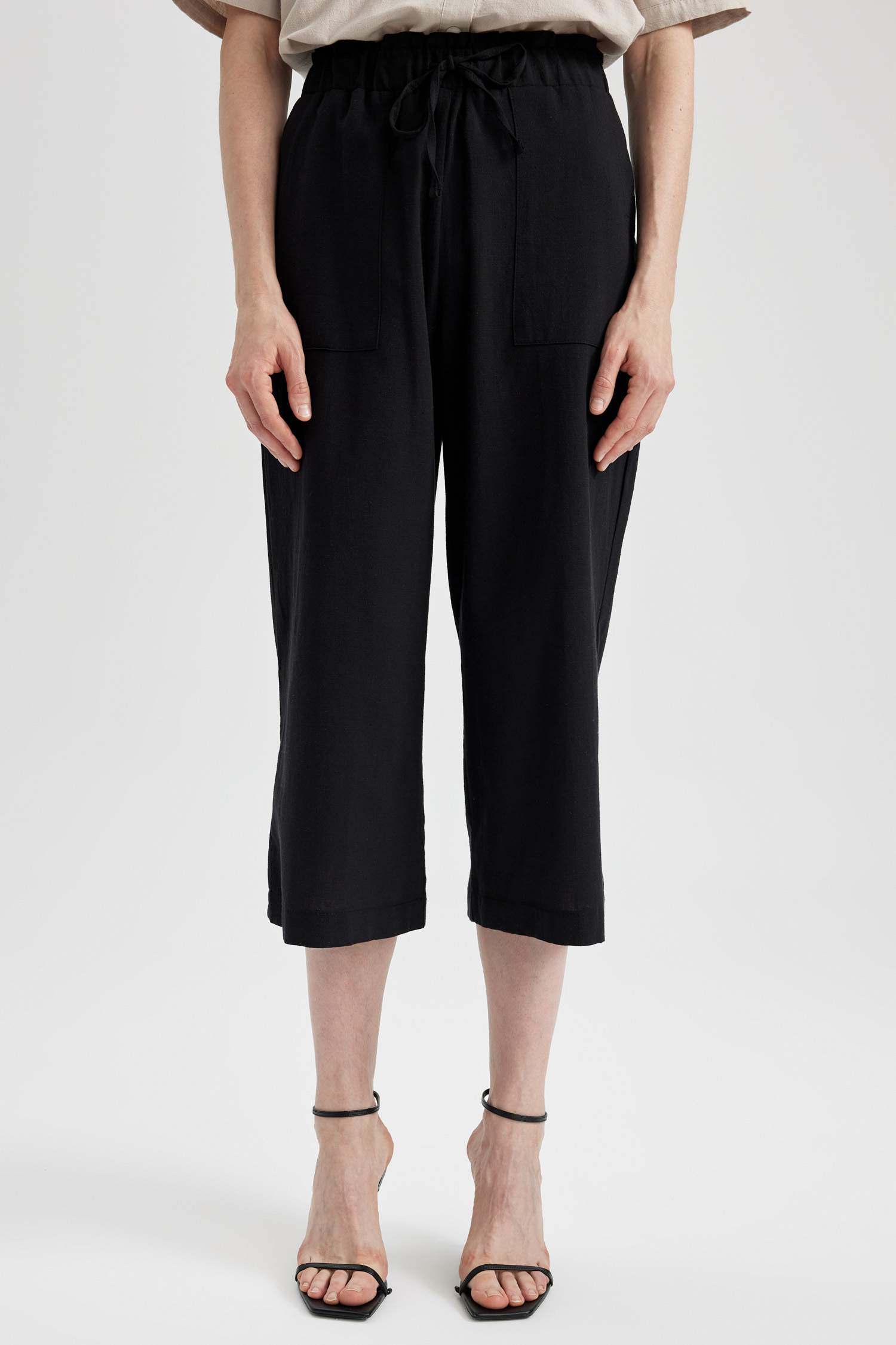 Wide Leg High Waist Linen Blend Capri