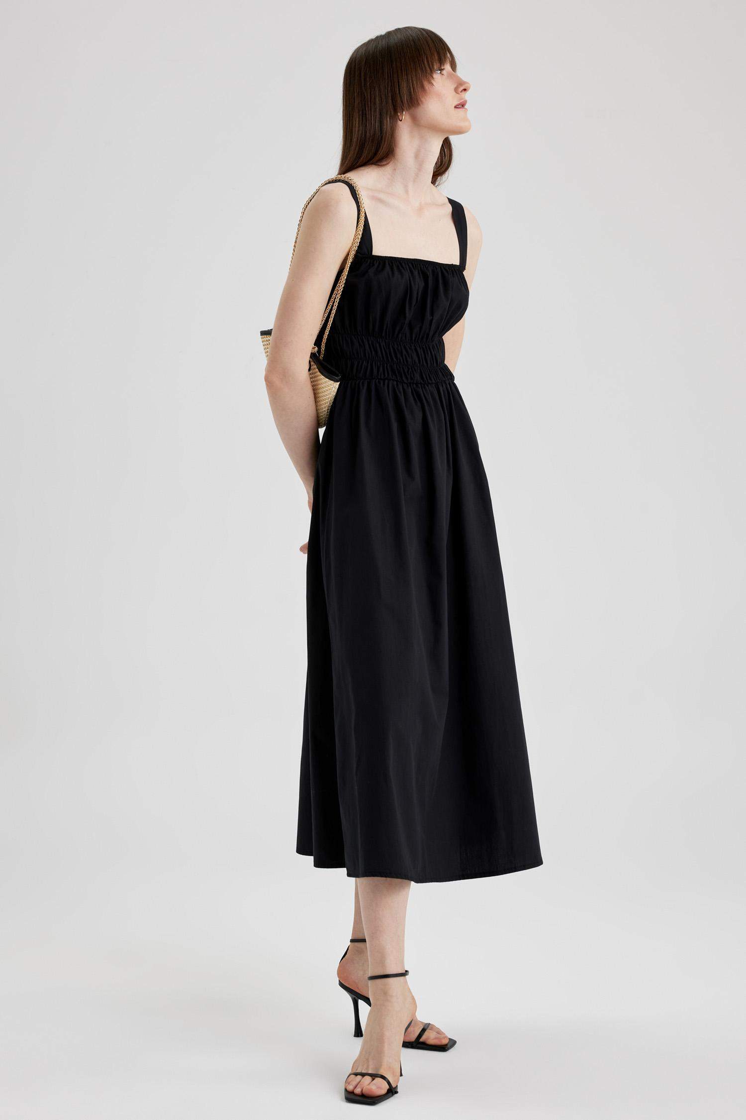 فستان ميدي بوبلين بدون بأكمام بياقة مربعة