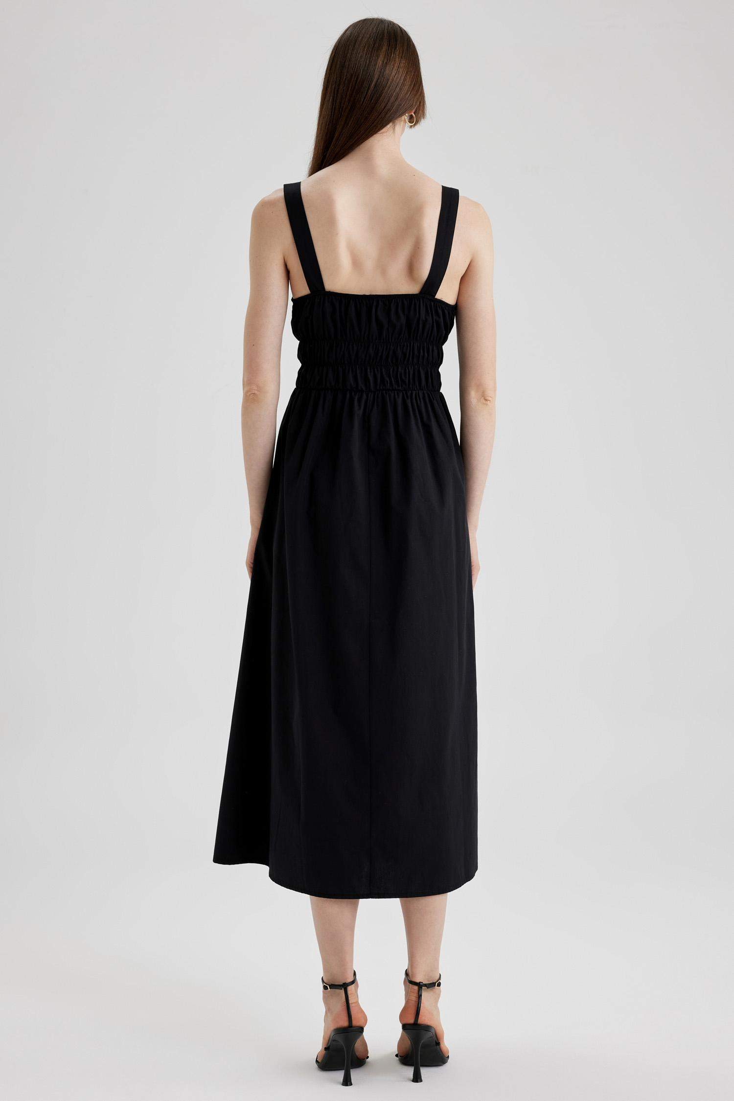 فستان ميدي بوبلين بدون بأكمام بياقة مربعة