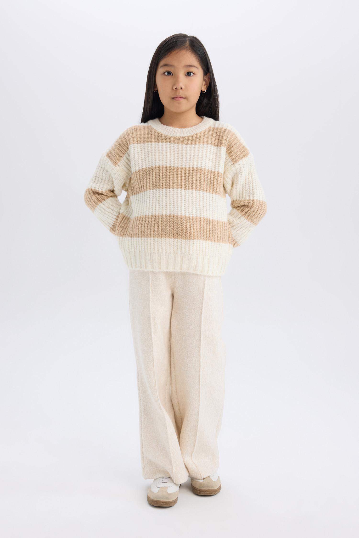 Kız Çocuk Çizgili Bisiklet Yaka Triko Kazak