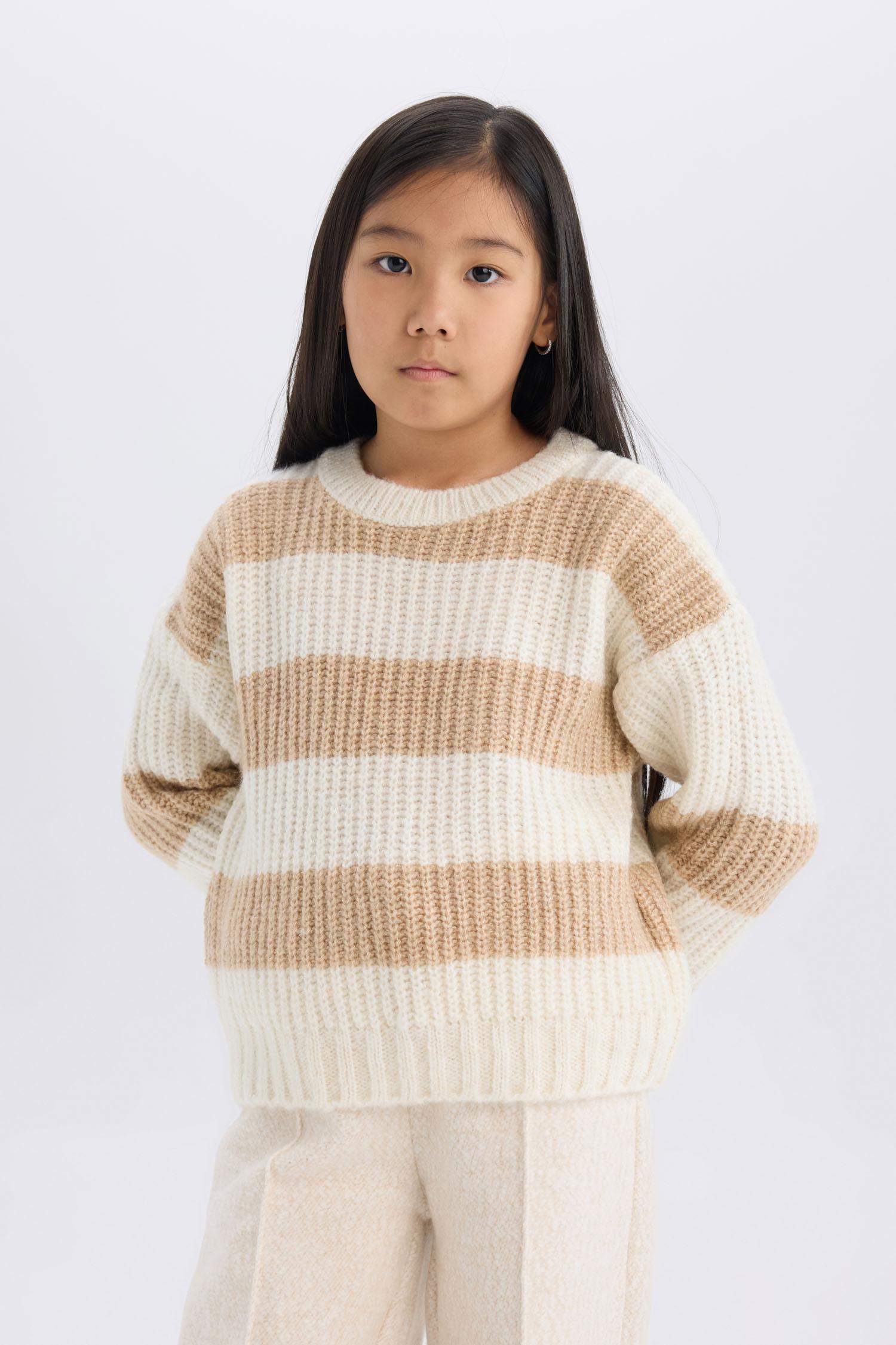 Kız Çocuk Çizgili Bisiklet Yaka Triko Kazak