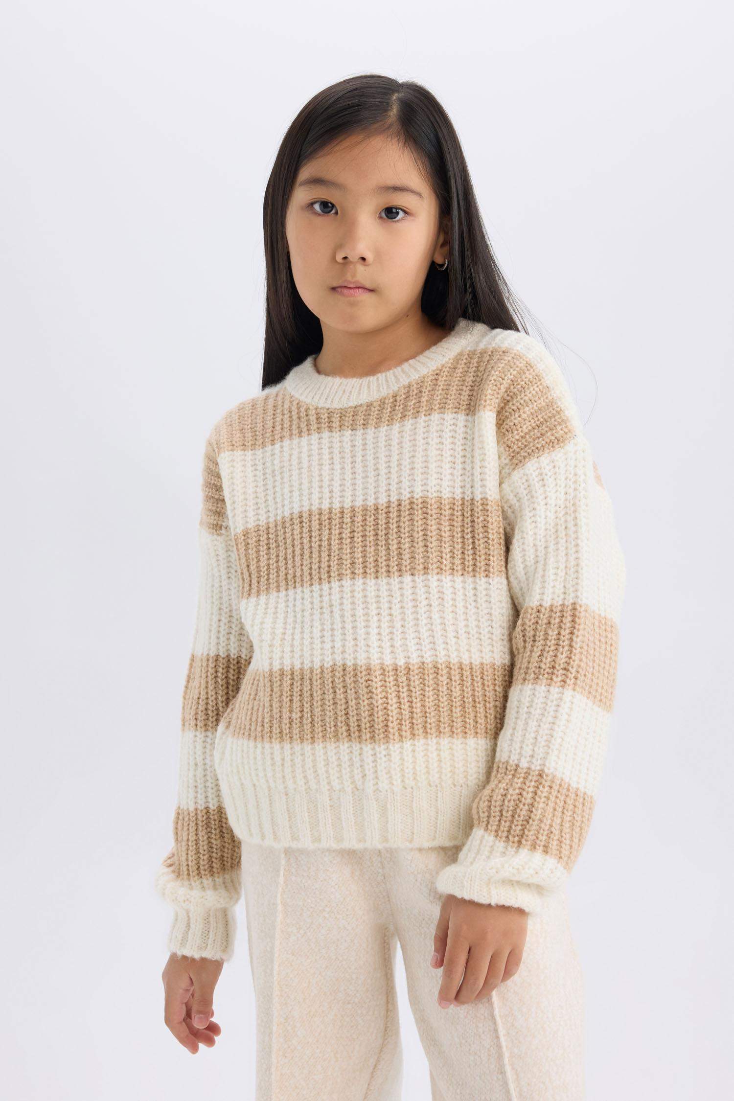 Kız Çocuk Çizgili Bisiklet Yaka Triko Kazak