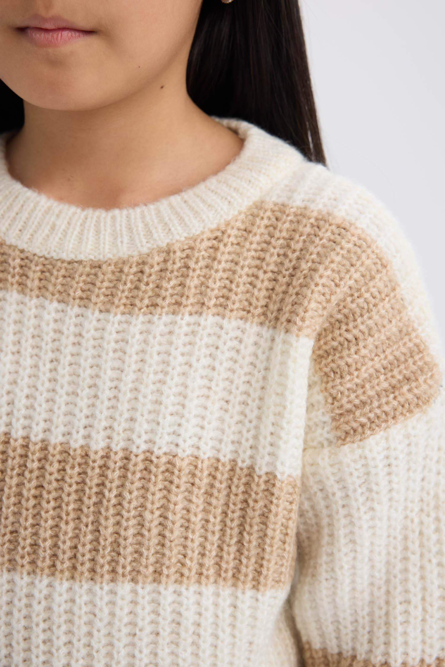 Kız Çocuk Çizgili Bisiklet Yaka Triko Kazak