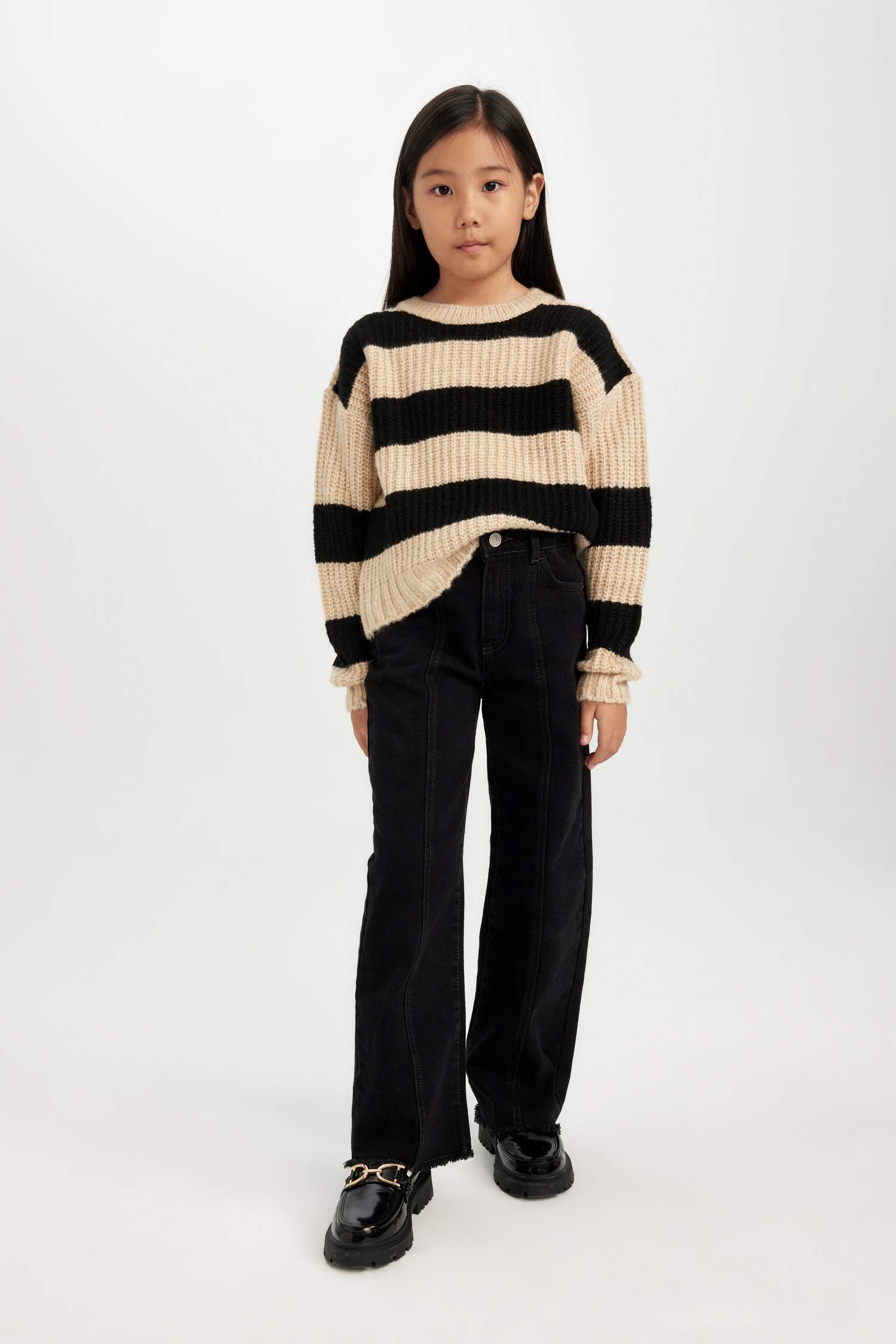 Kız Çocuk Çizgili Bisiklet Yaka Triko Kazak