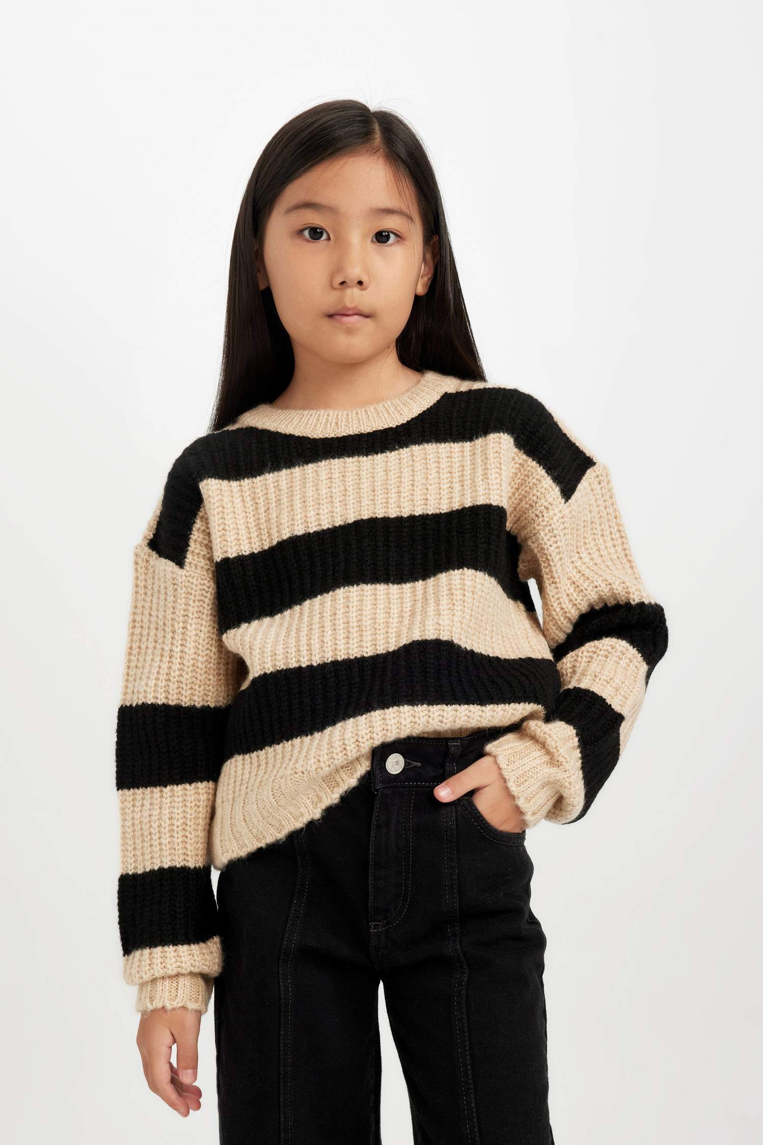 Kız Çocuk Çizgili Bisiklet Yaka Triko Kazak