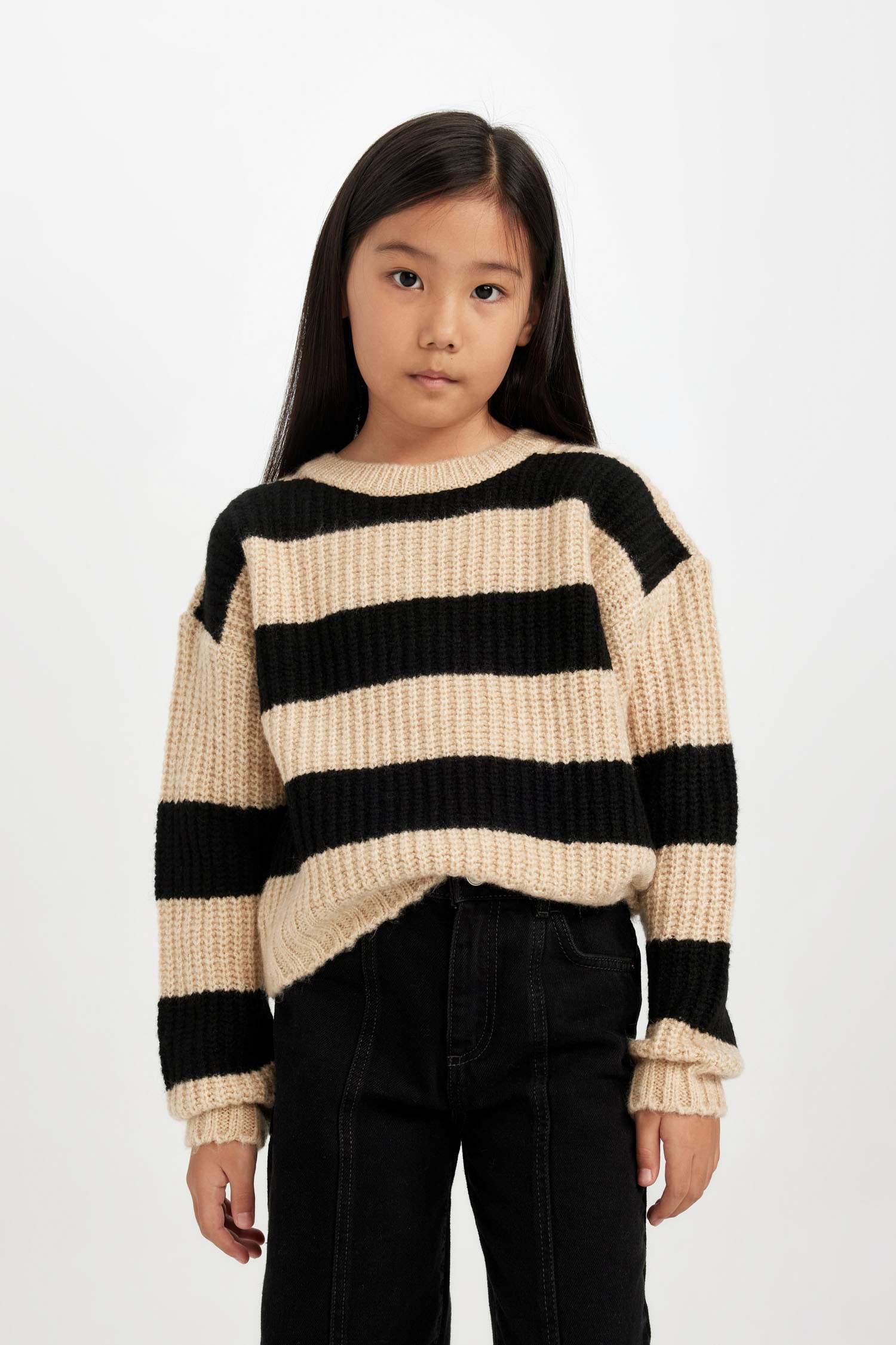 Kız Çocuk Çizgili Bisiklet Yaka Triko Kazak