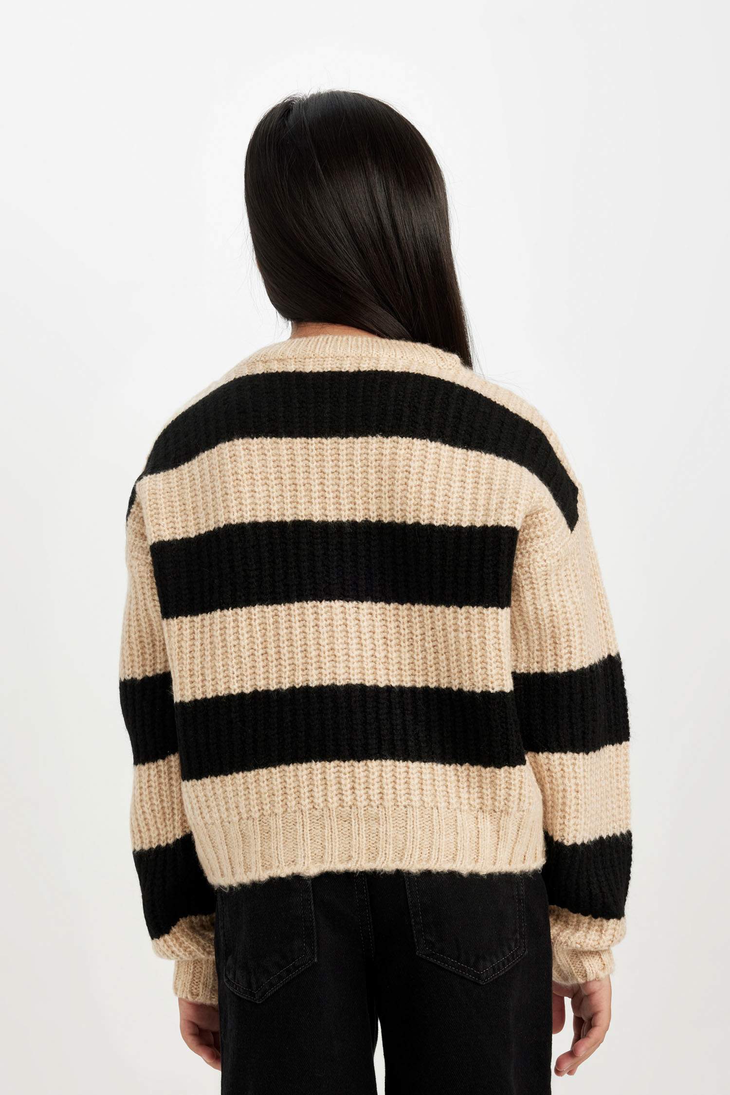 Kız Çocuk Çizgili Bisiklet Yaka Triko Kazak