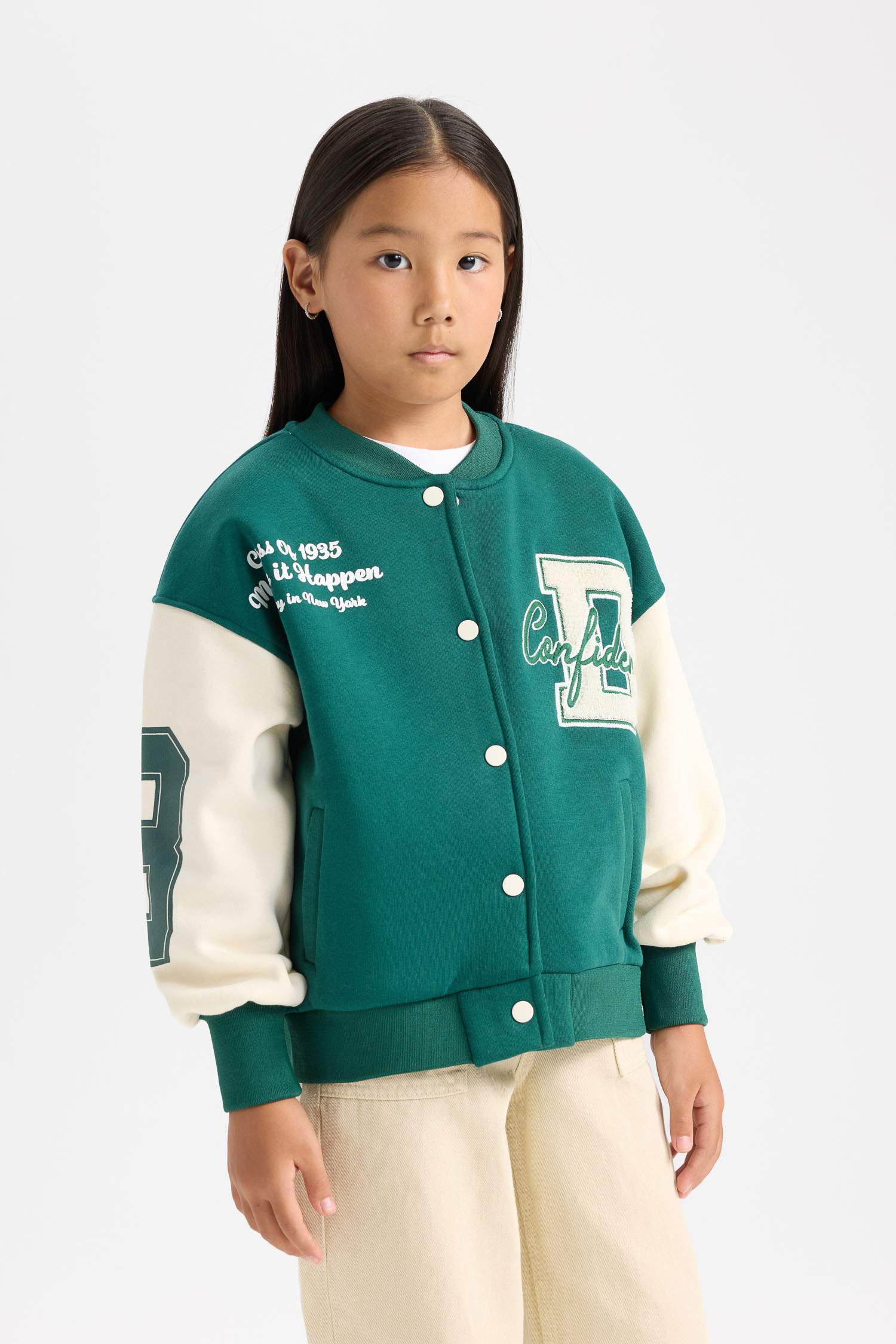 Veste Bomber Style Collège Oversize boutonné avec poches pour Fille