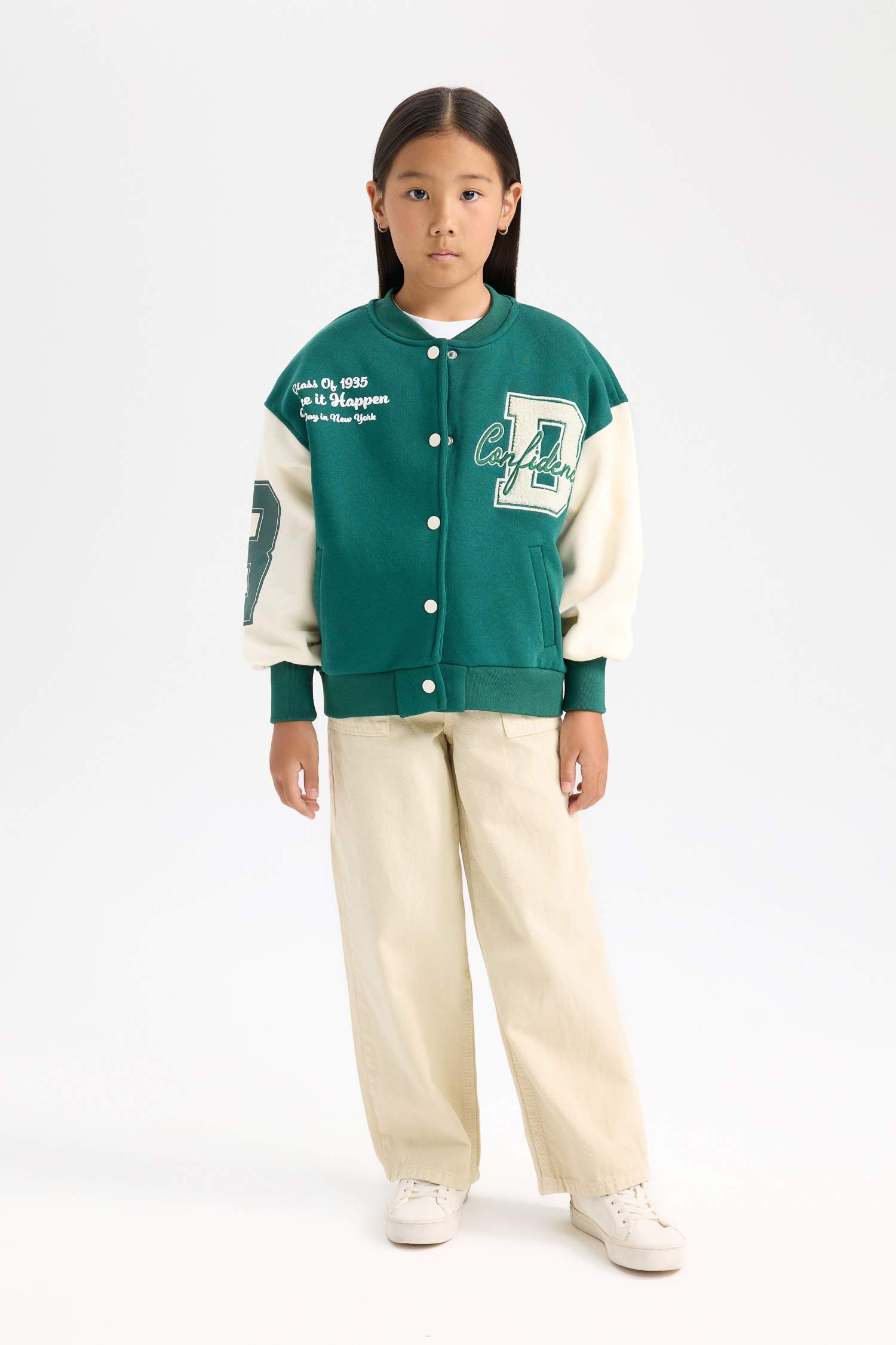 Veste Bomber Style Collège Oversize boutonné avec poches pour Fille