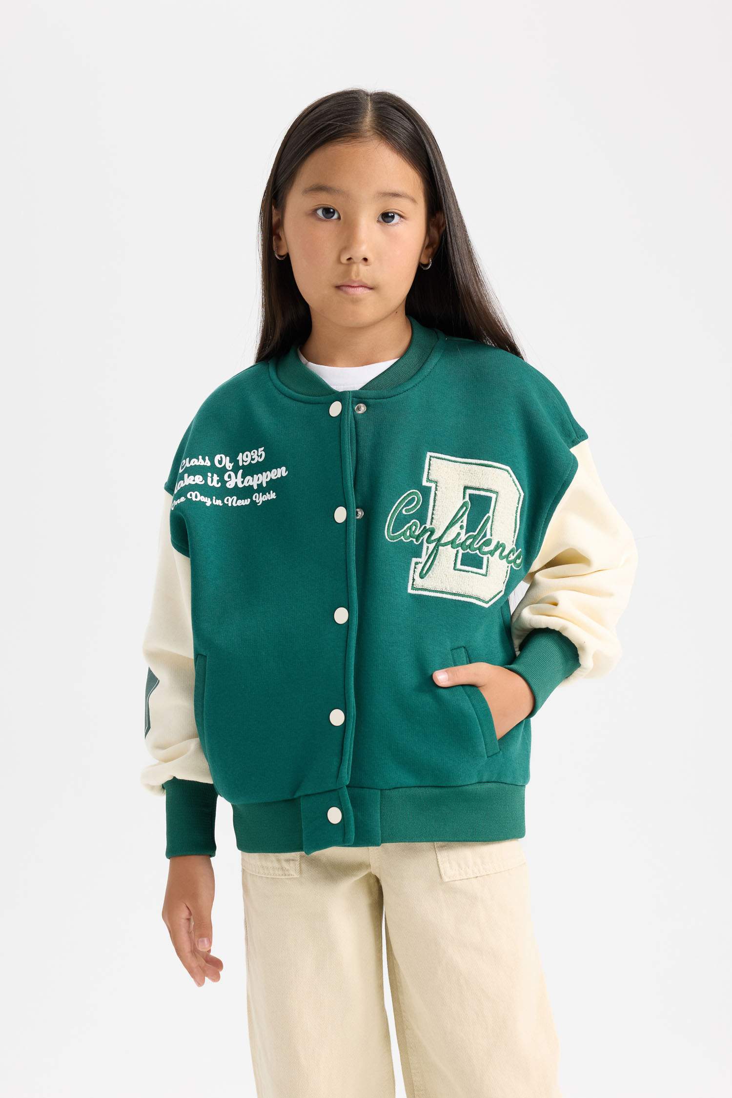 Veste Bomber Style Collège Oversize boutonné avec poches pour Fille