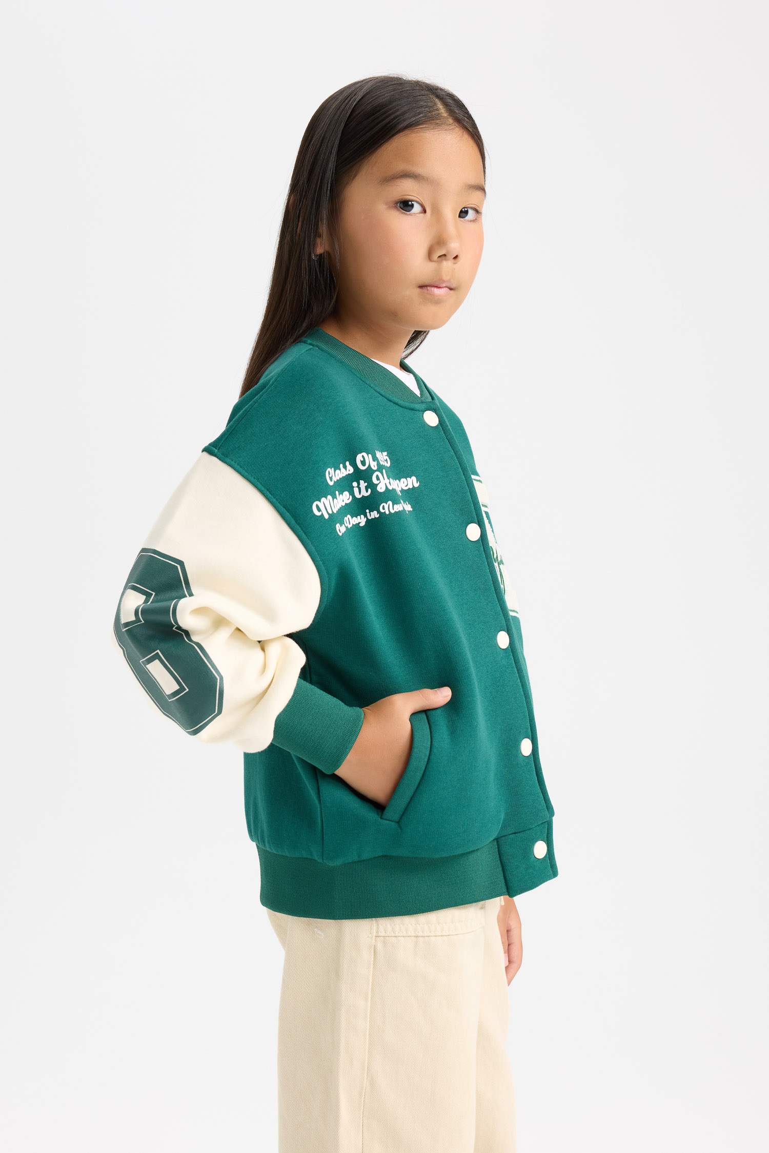 Veste Bomber Style Collège Oversize boutonné avec poches pour Fille