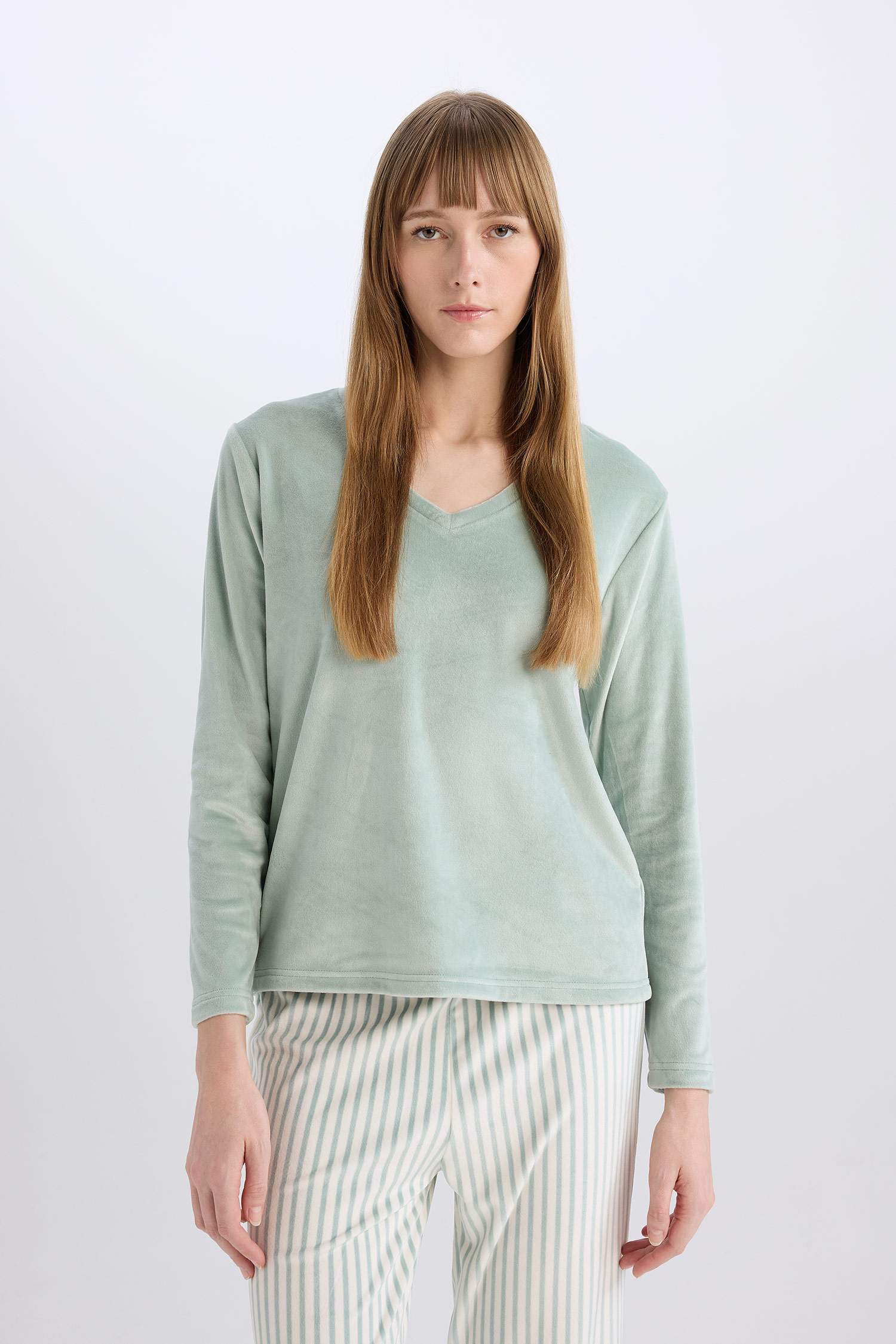 Pijama Takımı V Yaka Velur Uzun Kollu Üst Çizgili Beli Lastikli Alt-Fall in Love