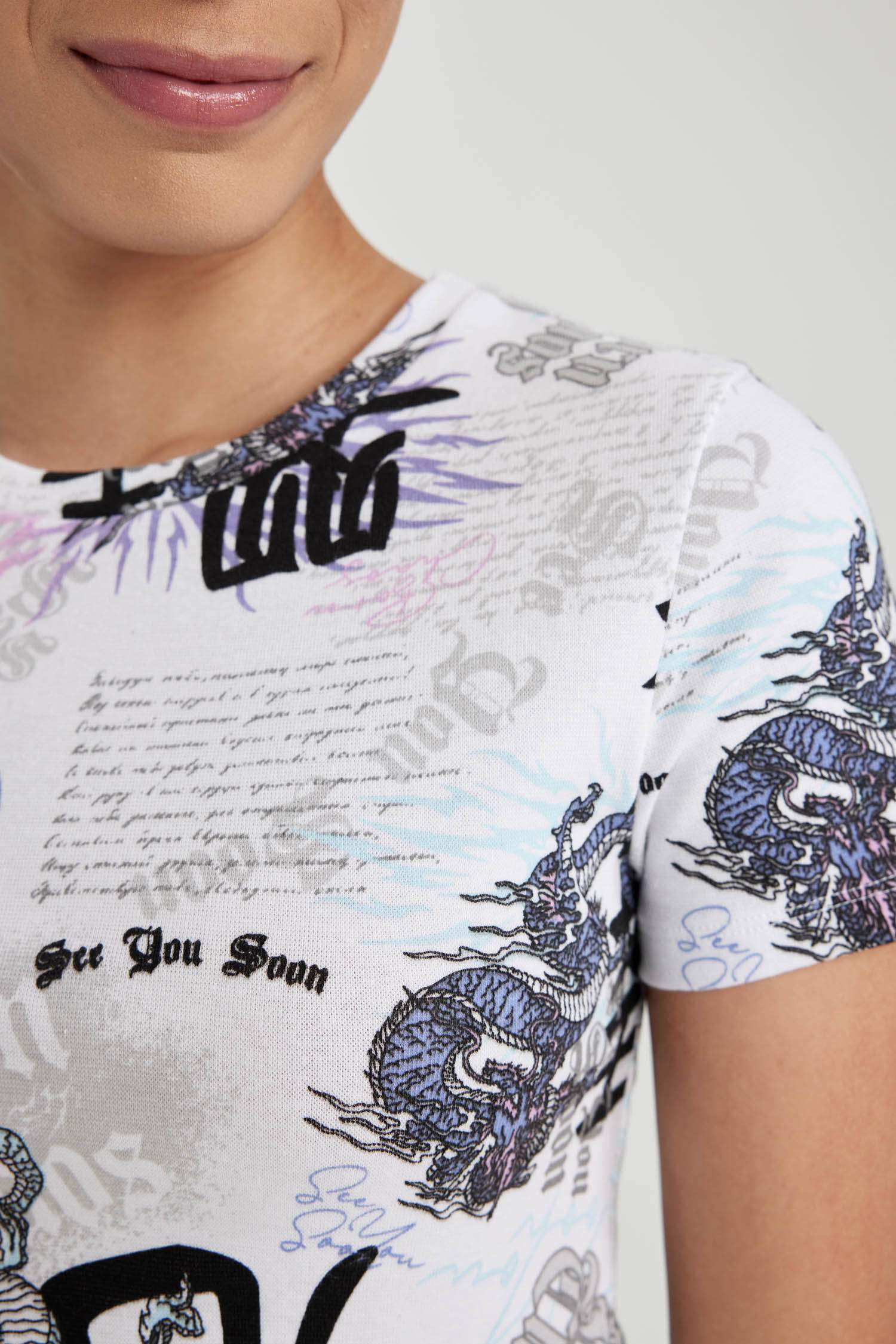 Fıtted Desenli Ribana Kısa Kollu Tişört