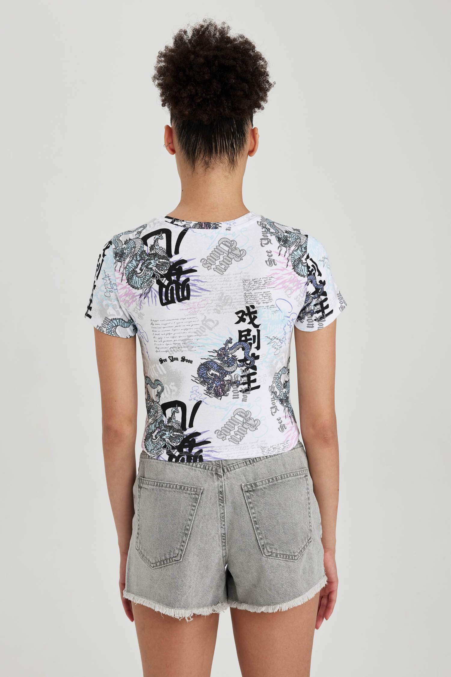 Fıtted Desenli Ribana Kısa Kollu Tişört