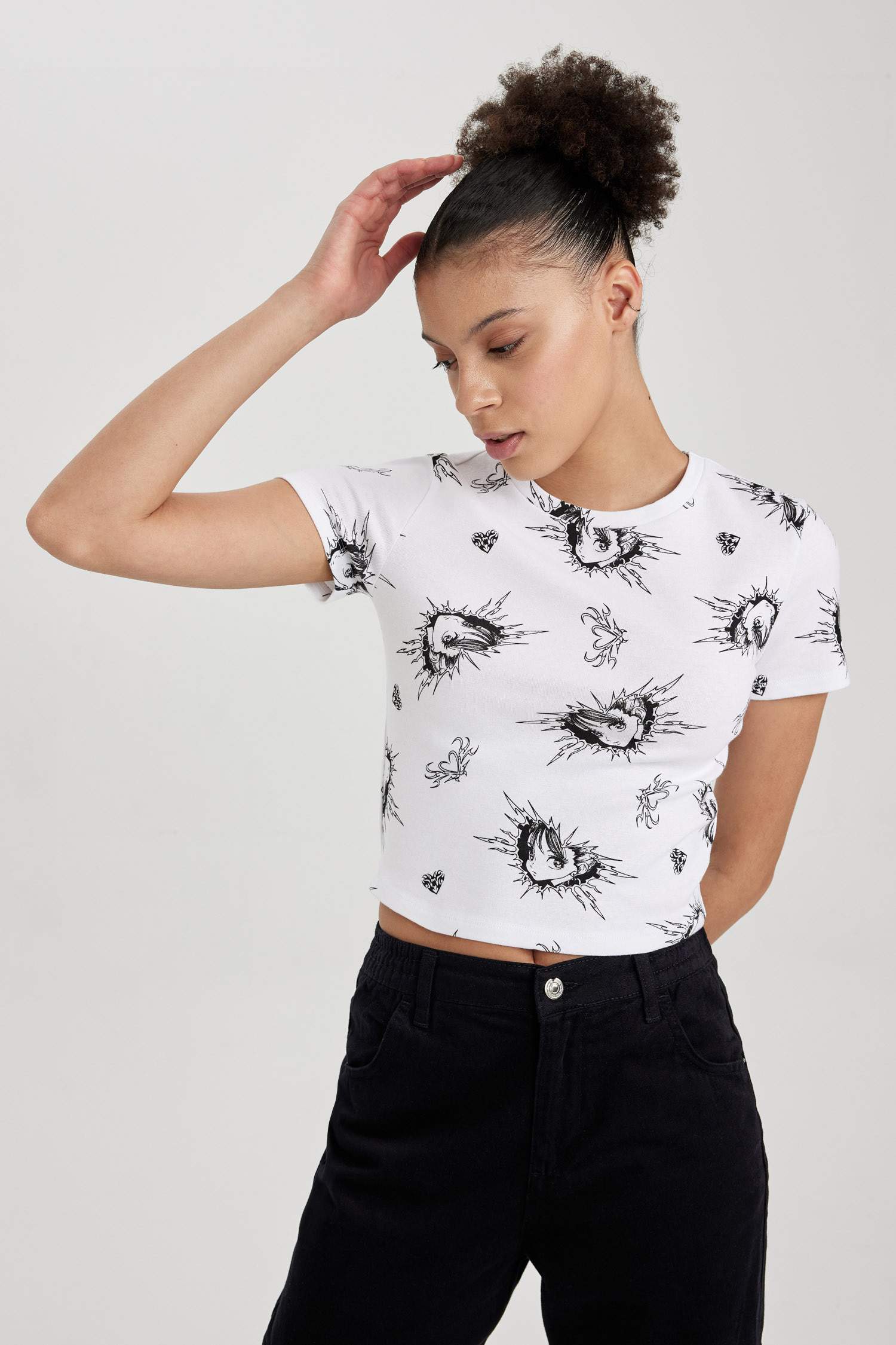 Fitted Desenli Ribana Kısa Kollu Tişört