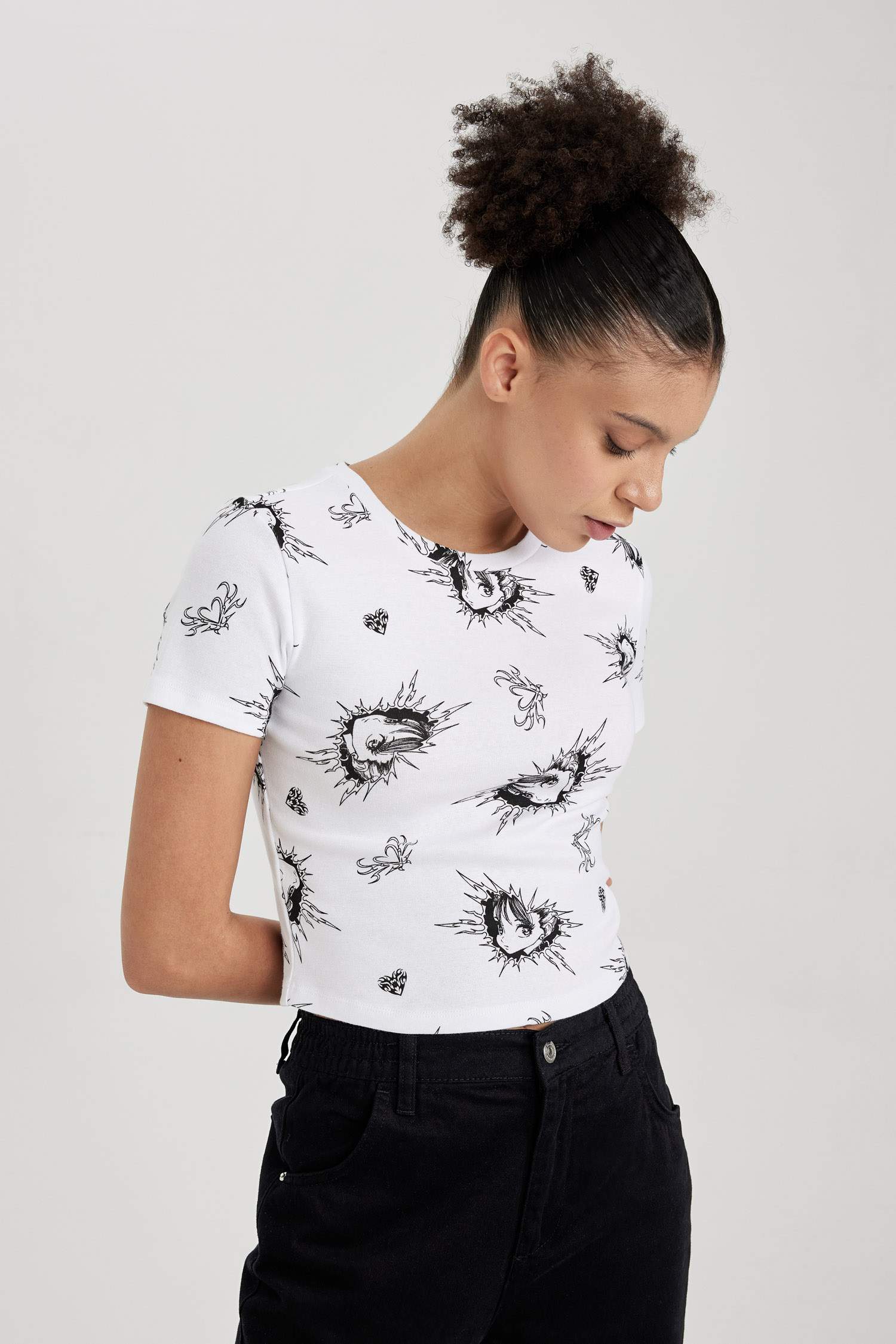 Fitted Desenli Ribana Kısa Kollu Tişört