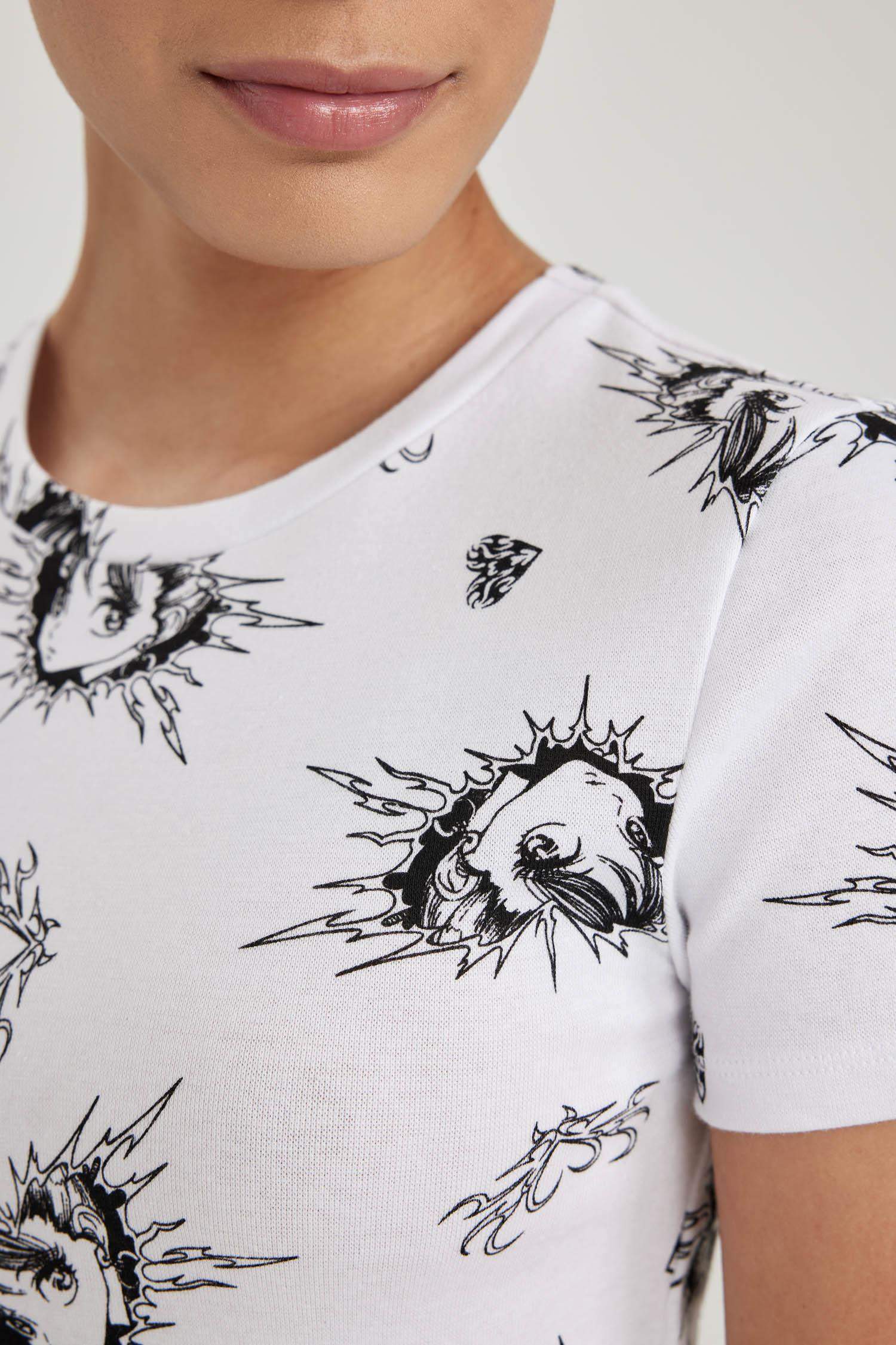 Fitted Desenli Ribana Kısa Kollu Tişört