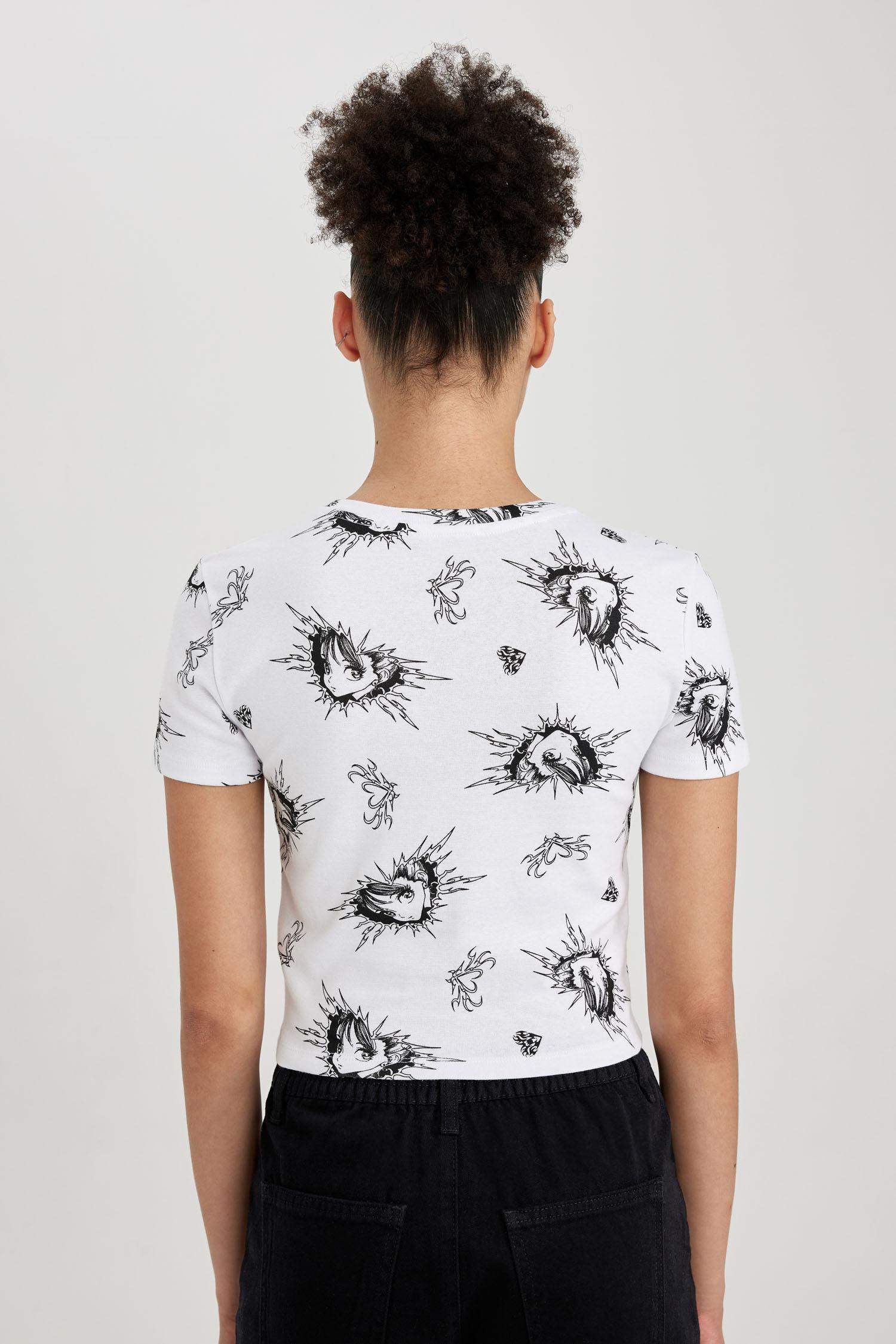 Fitted Desenli Ribana Kısa Kollu Tişört