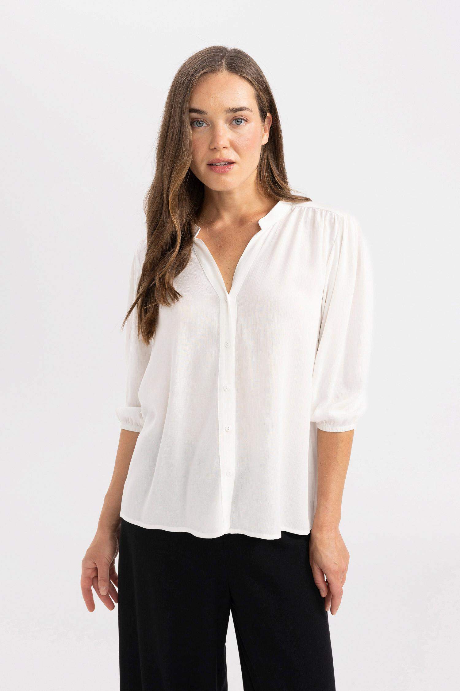 Regular Fit Bisiklet Yaka Krinkıl Kumaş Uzun Kollu Bluz