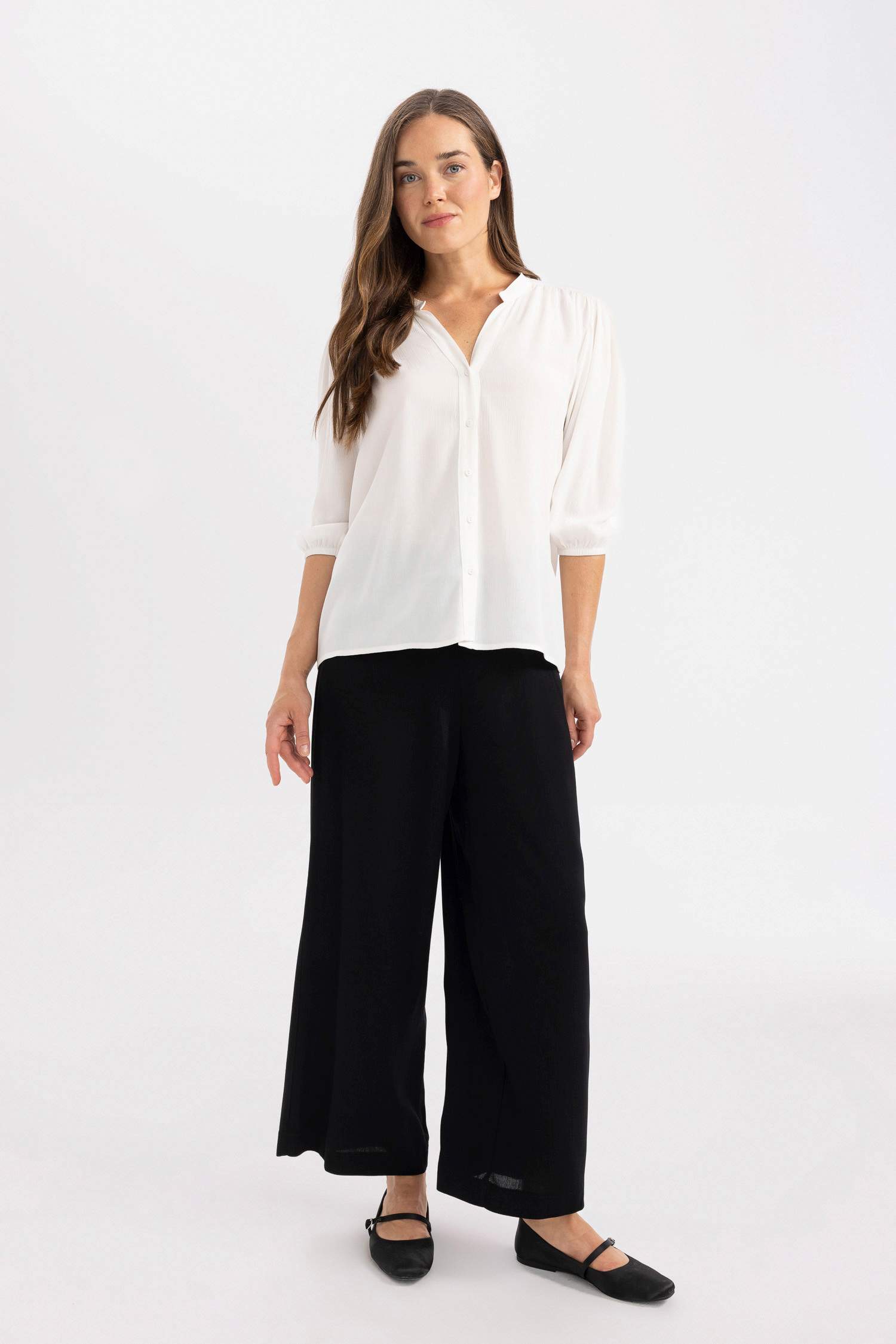 Regular Fit Bisiklet Yaka Krinkıl Kumaş Uzun Kollu Bluz