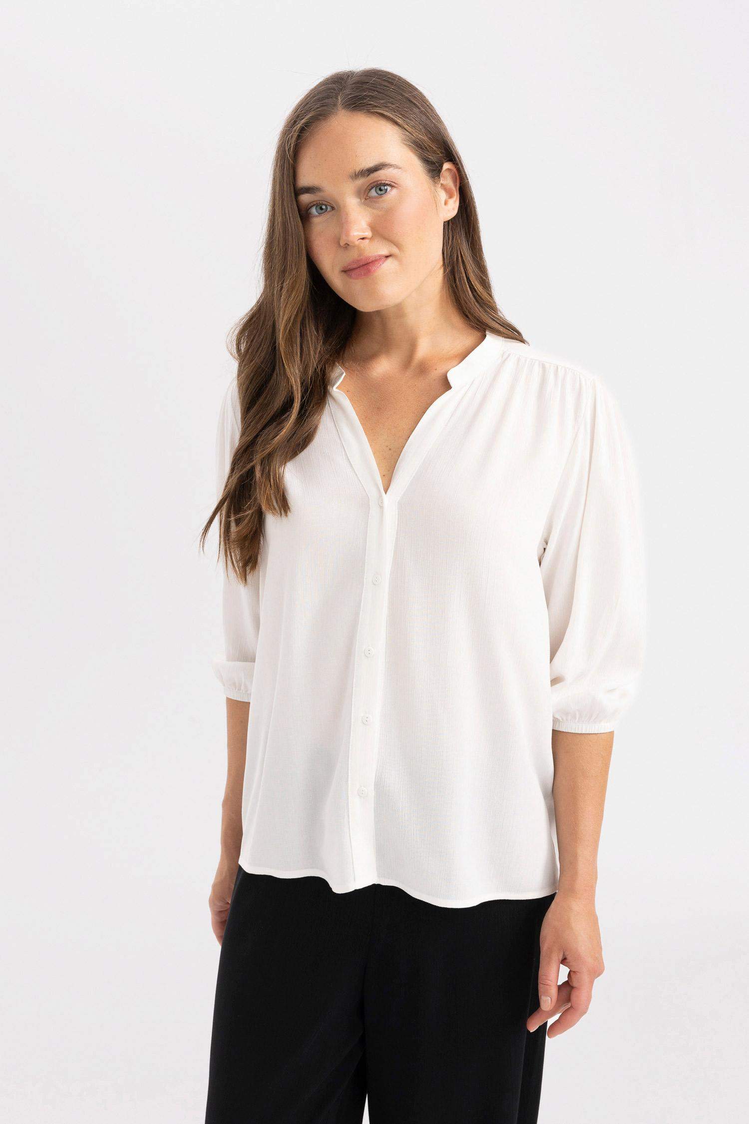 Regular Fit Bisiklet Yaka Krinkıl Kumaş Uzun Kollu Bluz