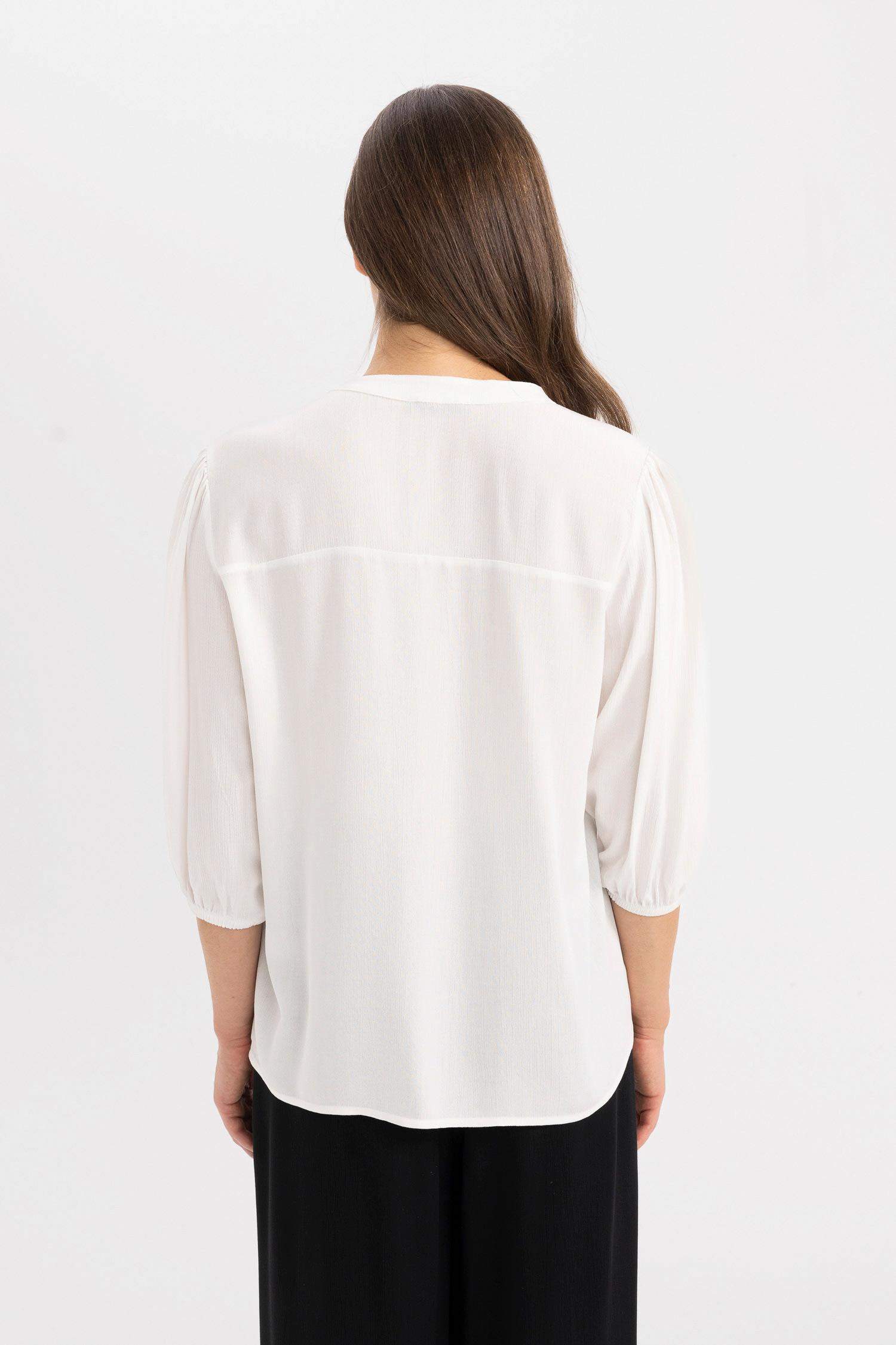 Regular Fit Bisiklet Yaka Krinkıl Kumaş Uzun Kollu Bluz