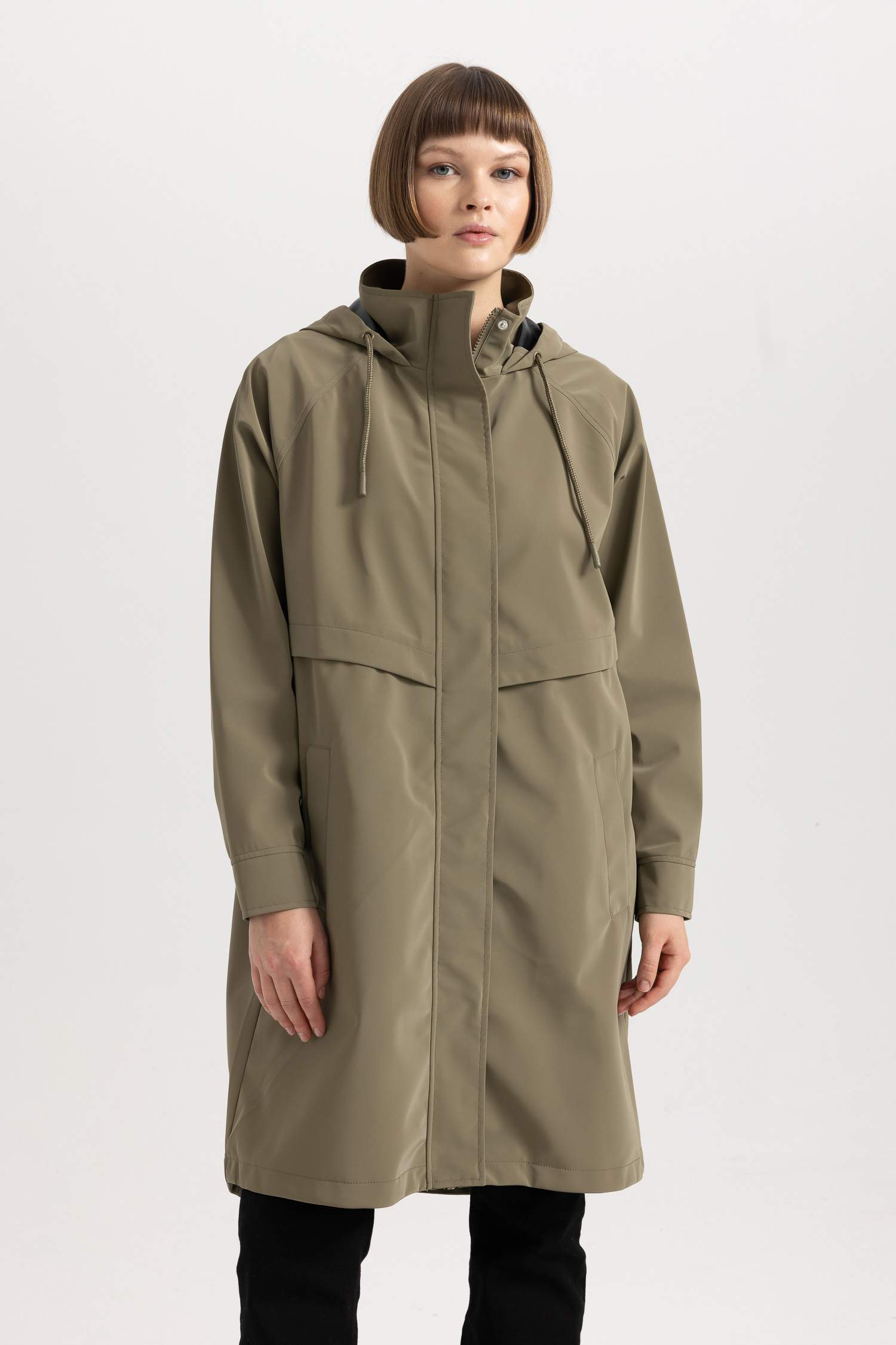 Su İtici Regular Kalıp Kapüşonlu Uzun Yağmurluk