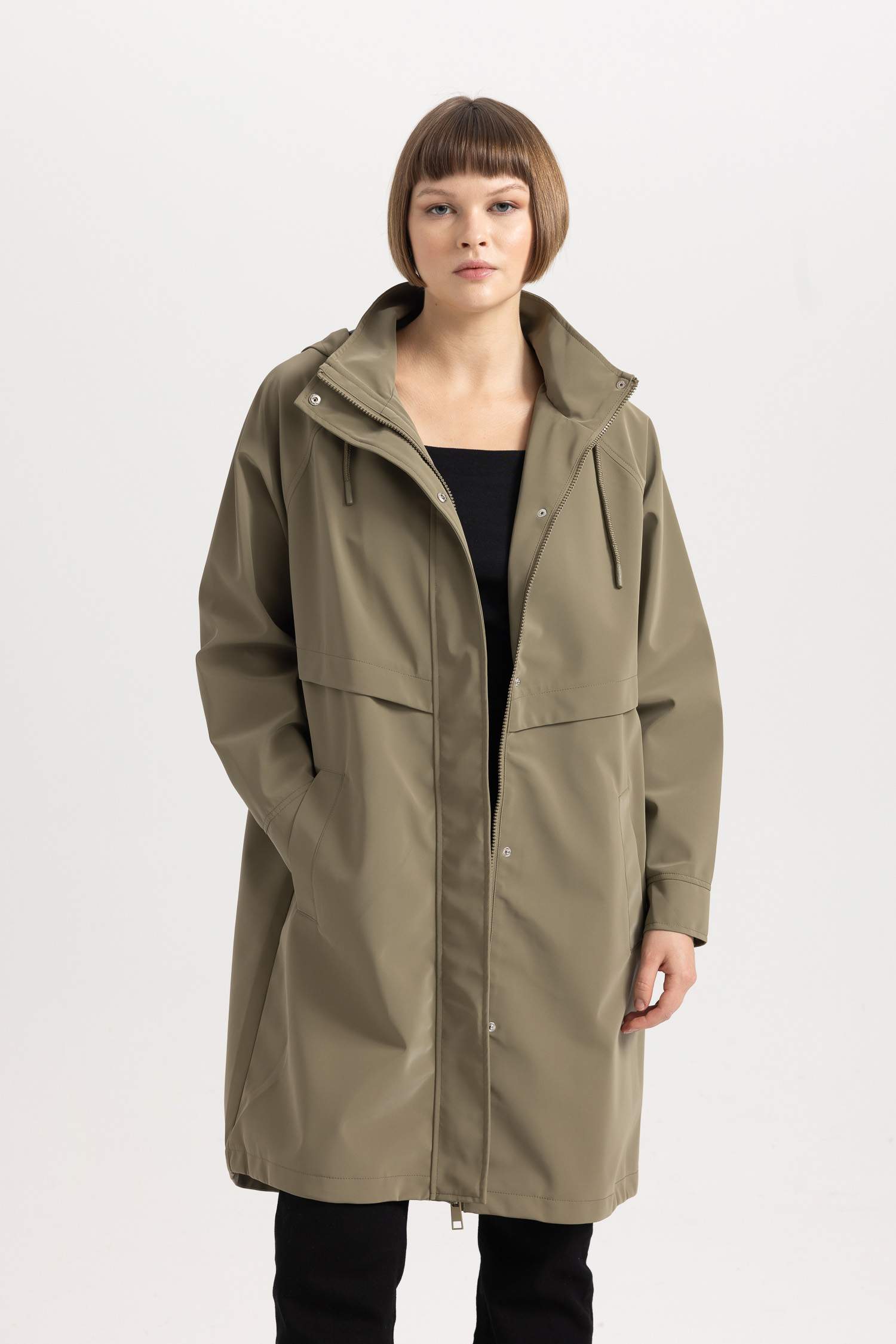 Su İtici Regular Kalıp Kapüşonlu Uzun Yağmurluk