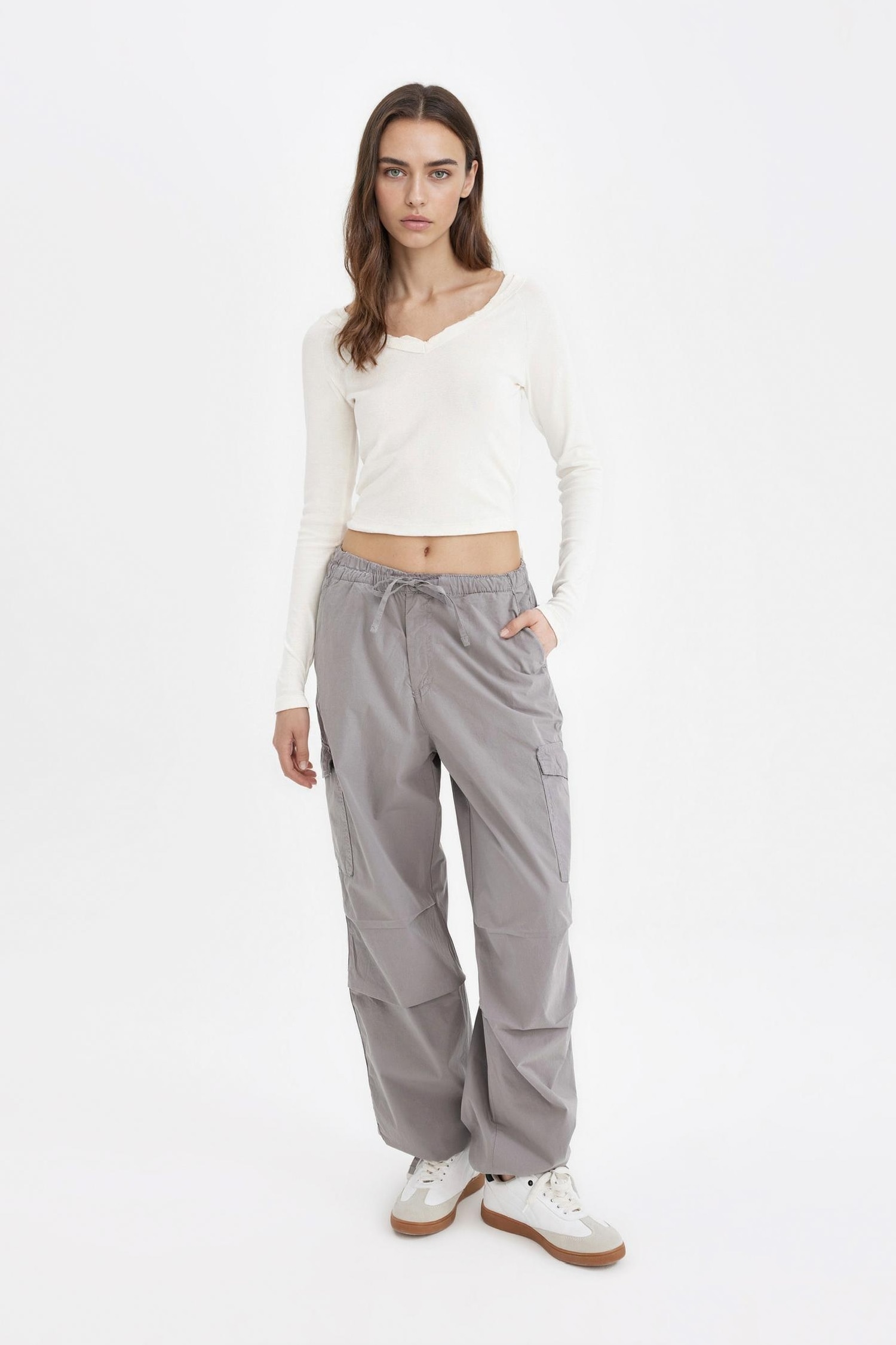 Parachute Waist Elasticated Pocketed Basic Poplin Gray Trousers