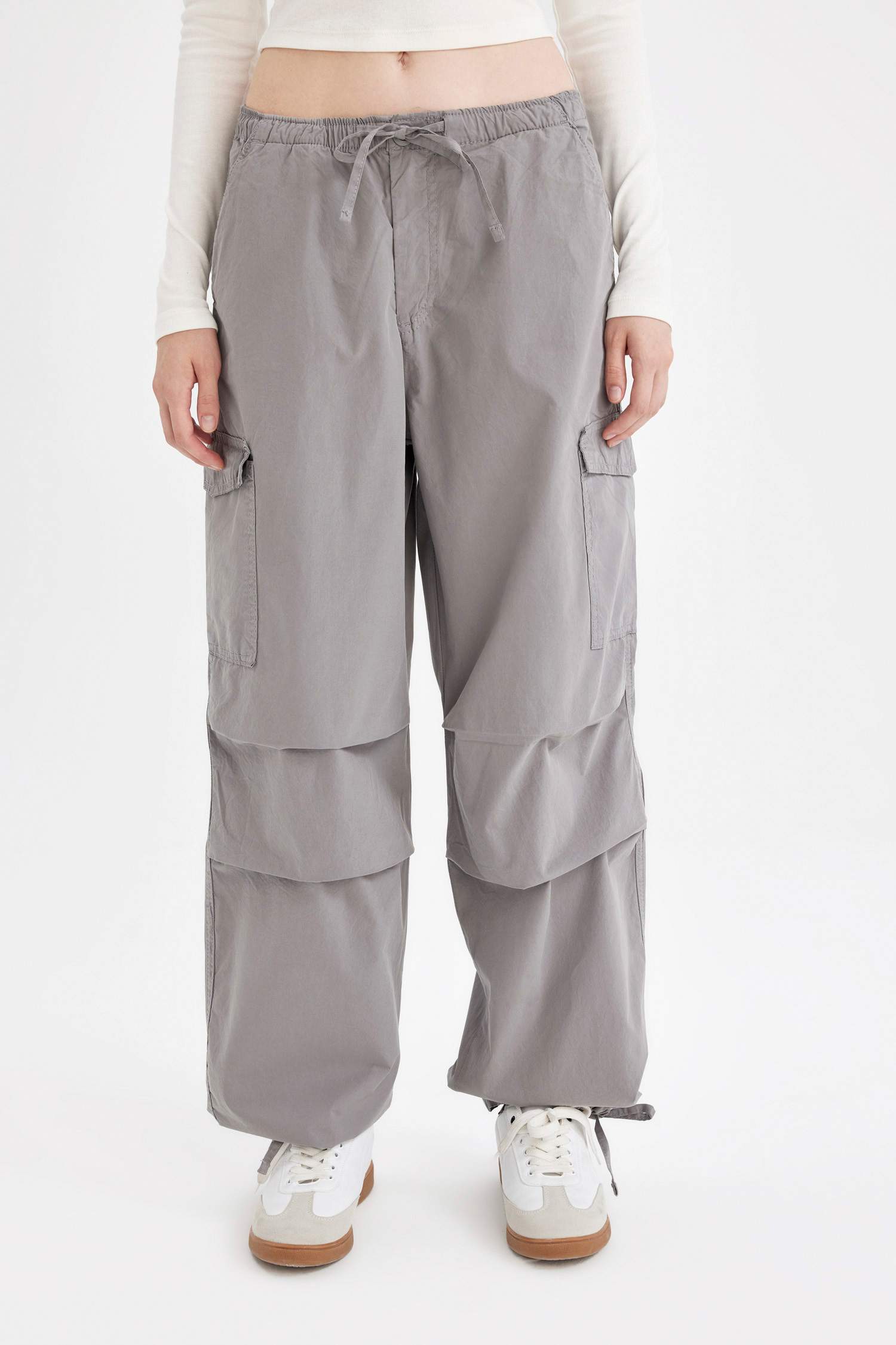 Parachute Waist Elasticated Pocketed Basic Poplin Gray Trousers
