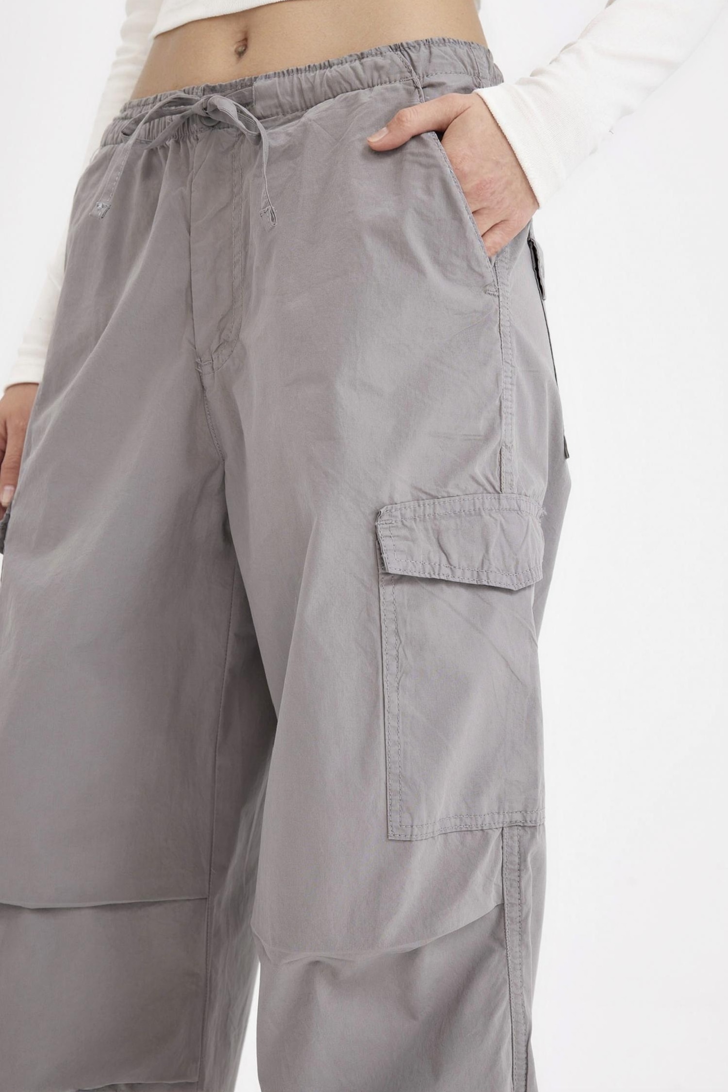 Parachute Waist Elasticated Pocketed Basic Poplin Gray Trousers