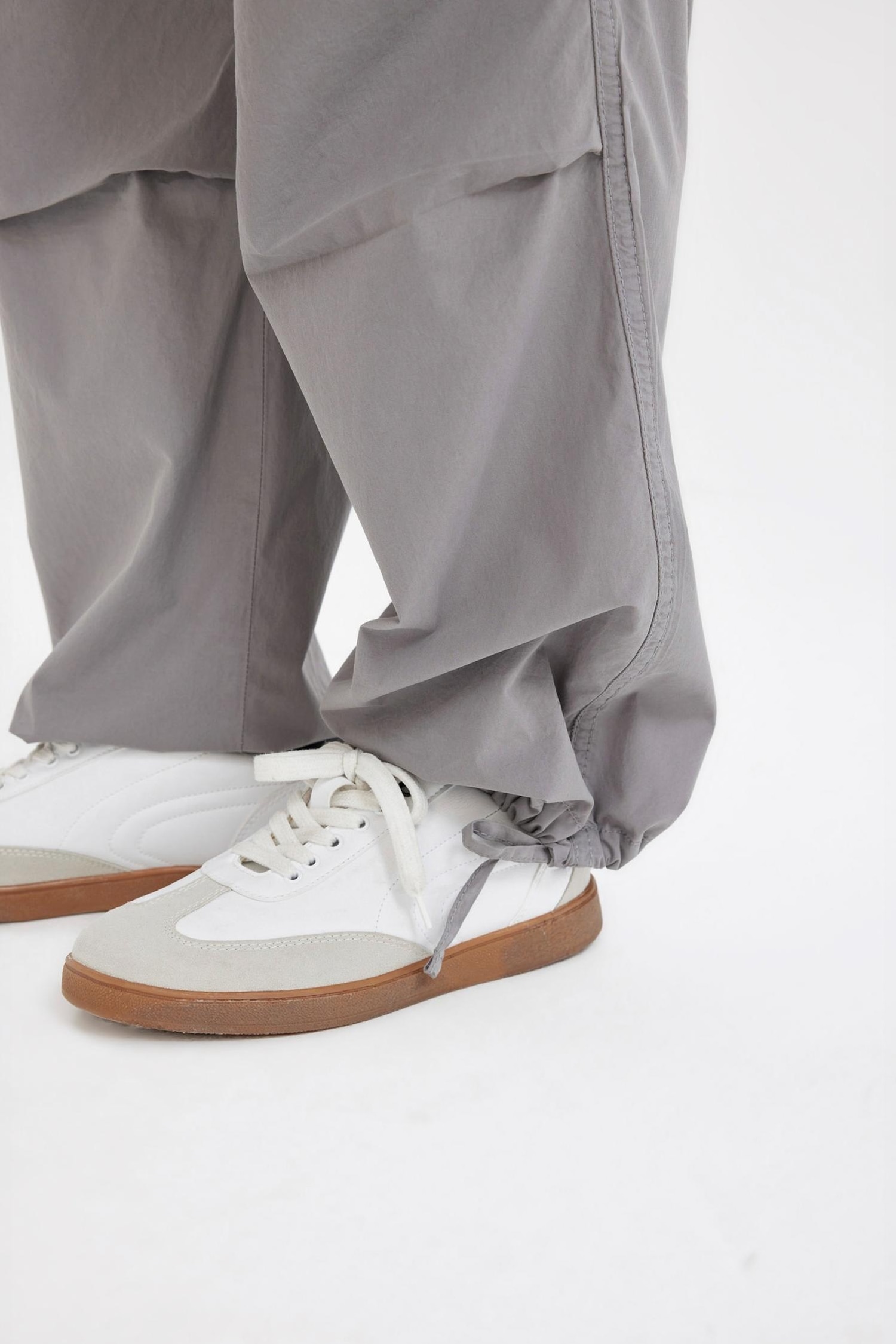 Parachute Waist Elasticated Pocketed Basic Poplin Gray Trousers