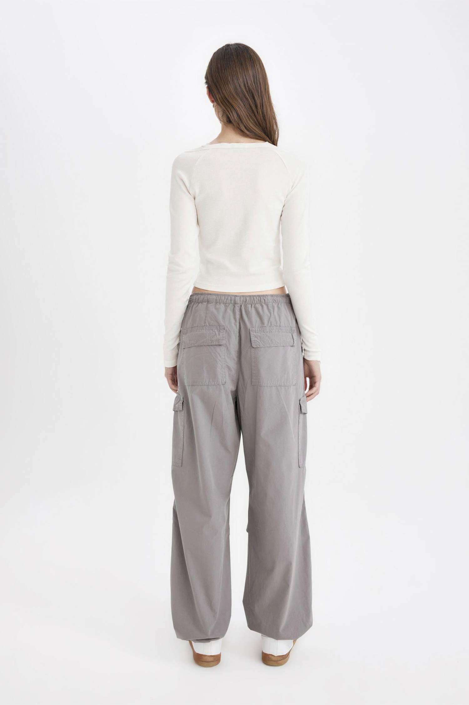 Parachute Waist Elasticated Pocketed Basic Poplin Gray Trousers