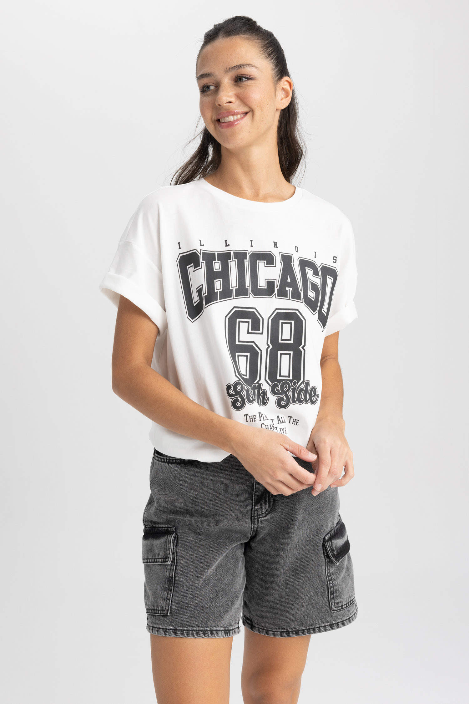 Black Chicago Slogan Oversized T Shirt, Tops