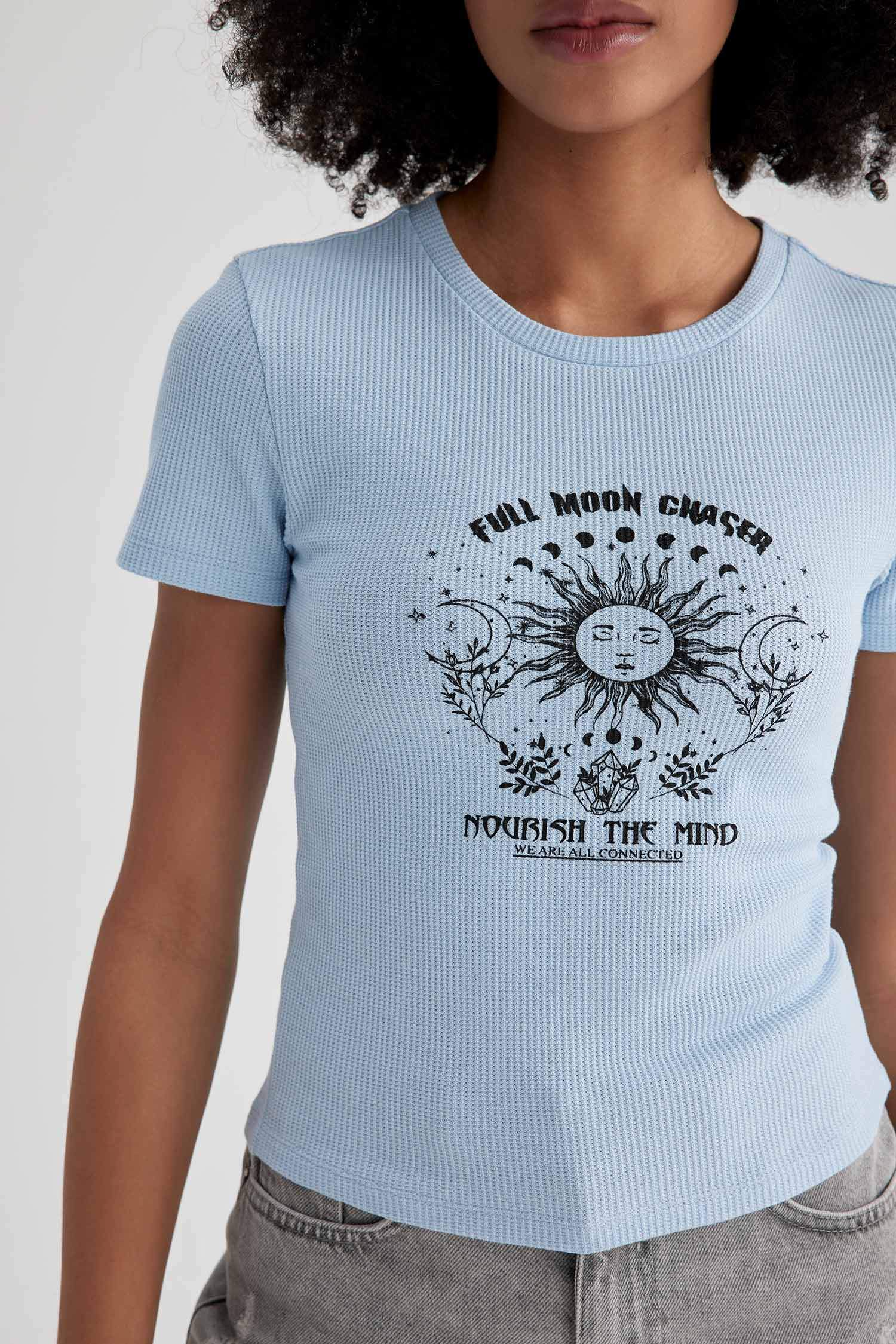 Fitted Bisiklet Yaka Baskılı Waffle Kısa Kollu Tişört