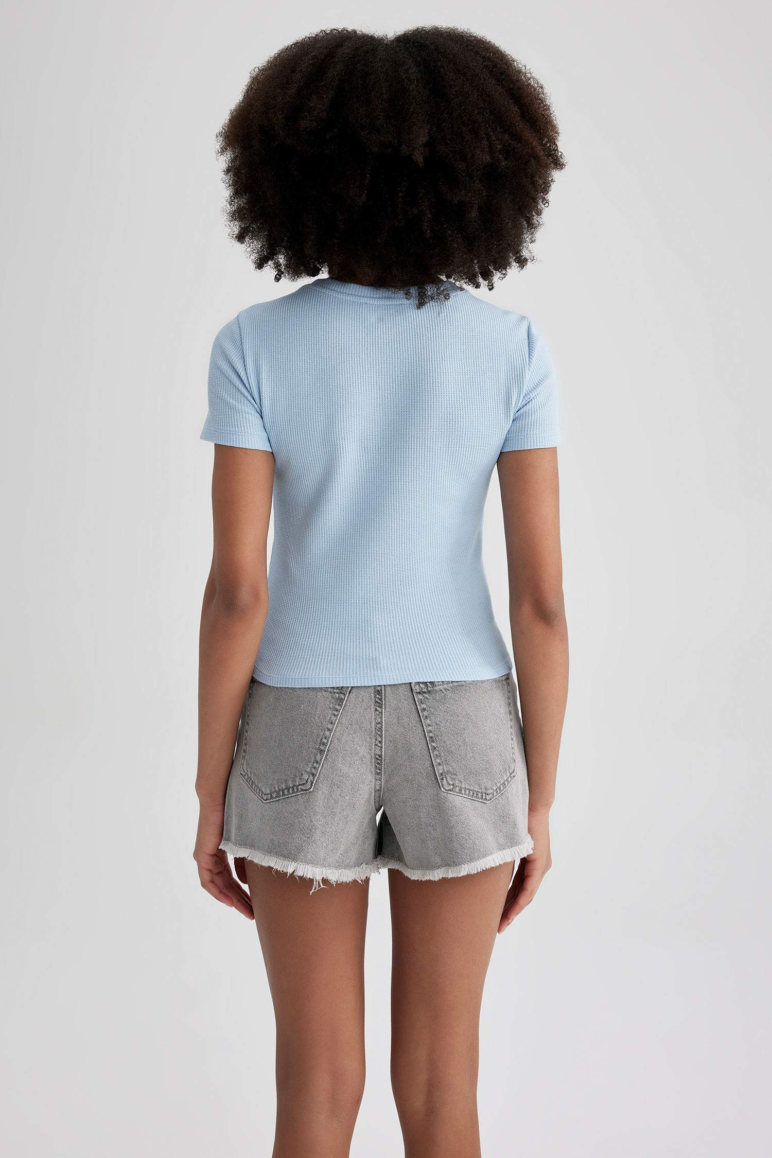 Fitted Bisiklet Yaka Baskılı Waffle Kısa Kollu Tişört