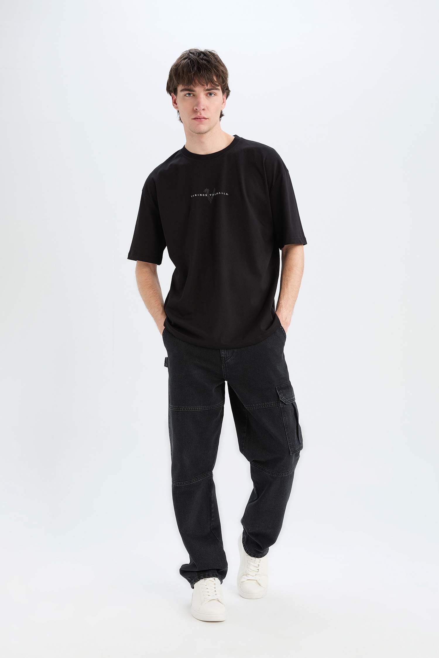 %100 Pamuk Vikings Valhalla Oversize Geniş Kalıp Bisiklet Yaka Sırt Baskılı Kısa Kollu Tişört