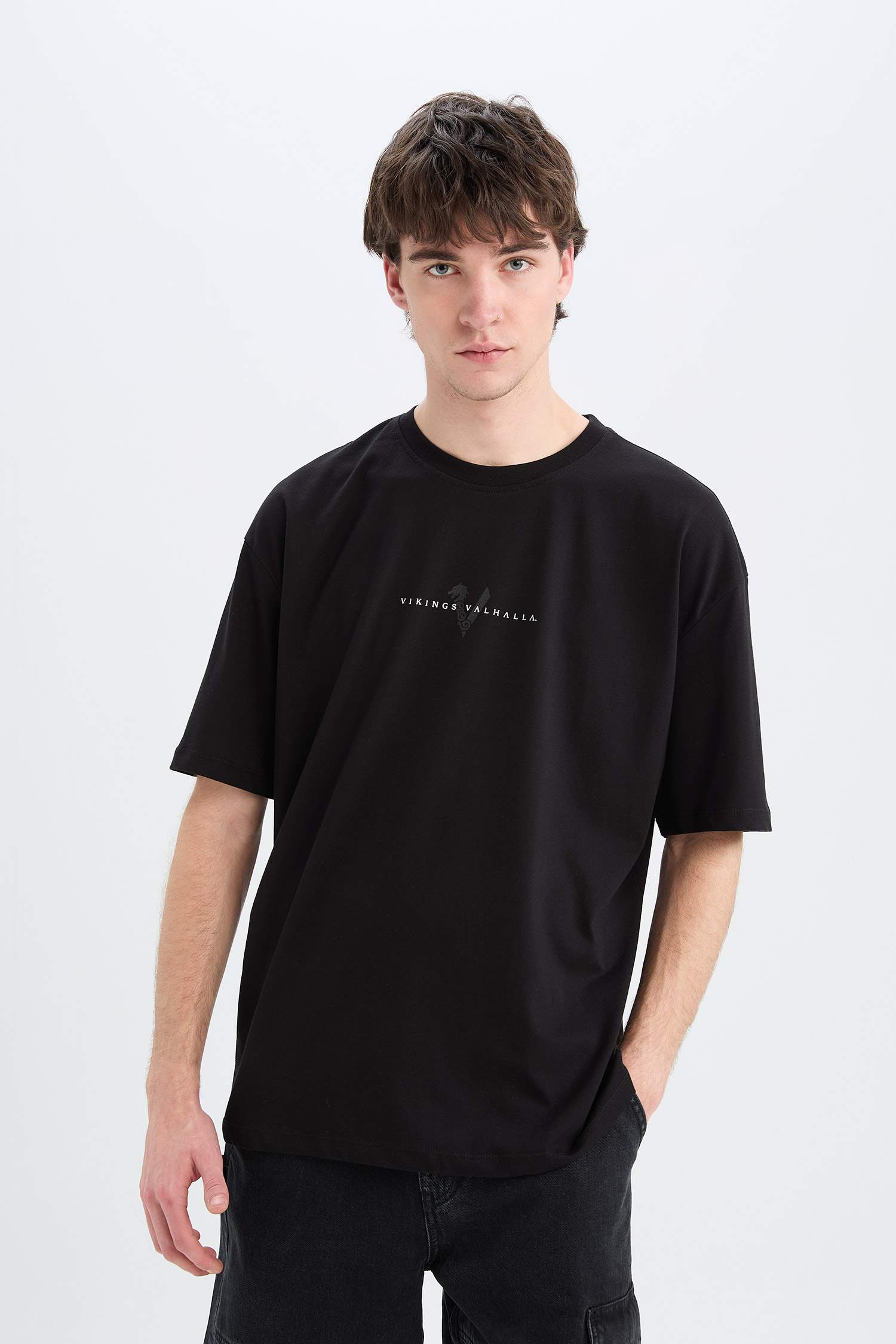 %100 Pamuk Vikings Valhalla Oversize Geniş Kalıp Bisiklet Yaka Sırt Baskılı Kısa Kollu Tişört