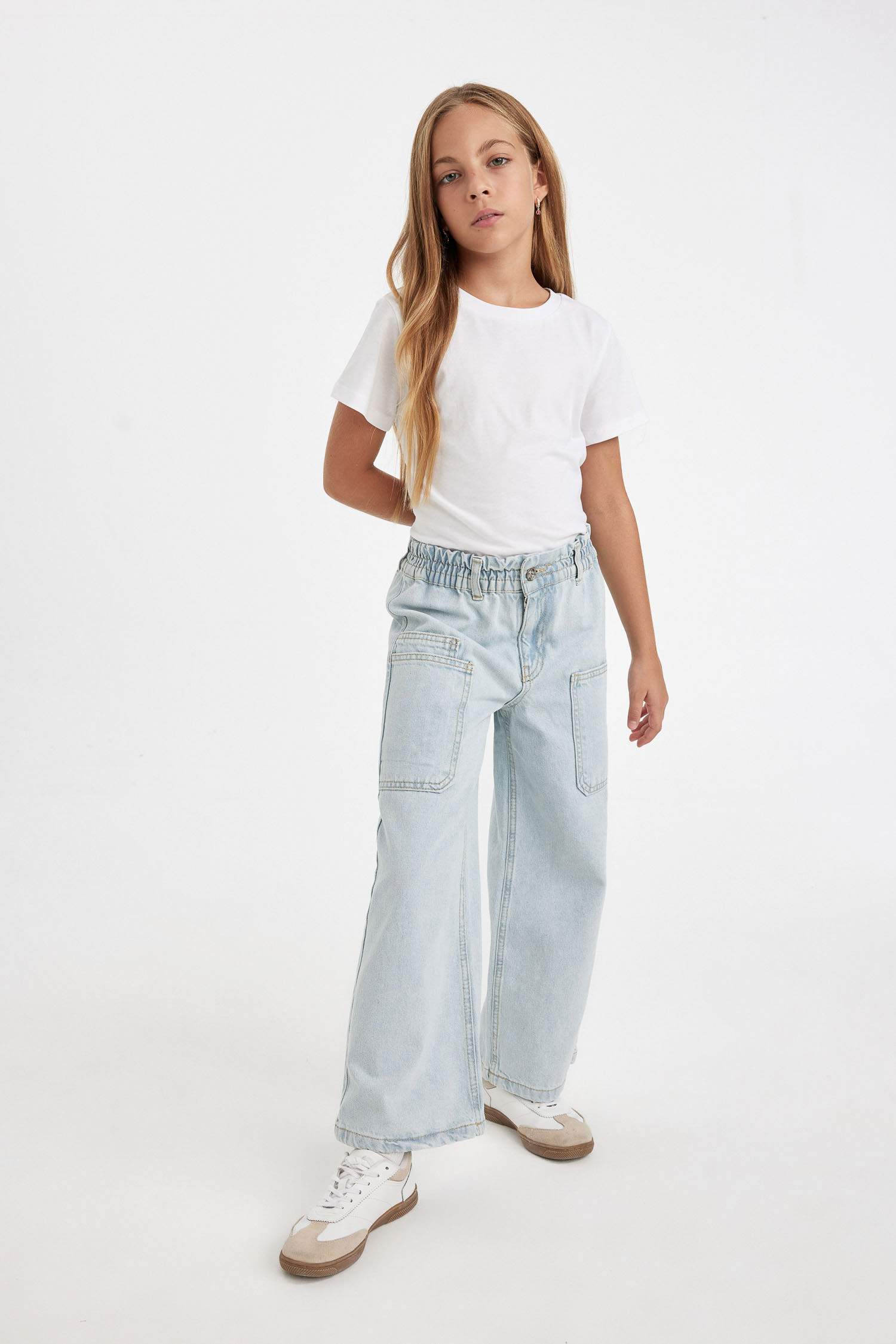 Kız Çocuk Okul Wide Leg Geniş Paça Beli Lastikli Cepli Jean Pantolon