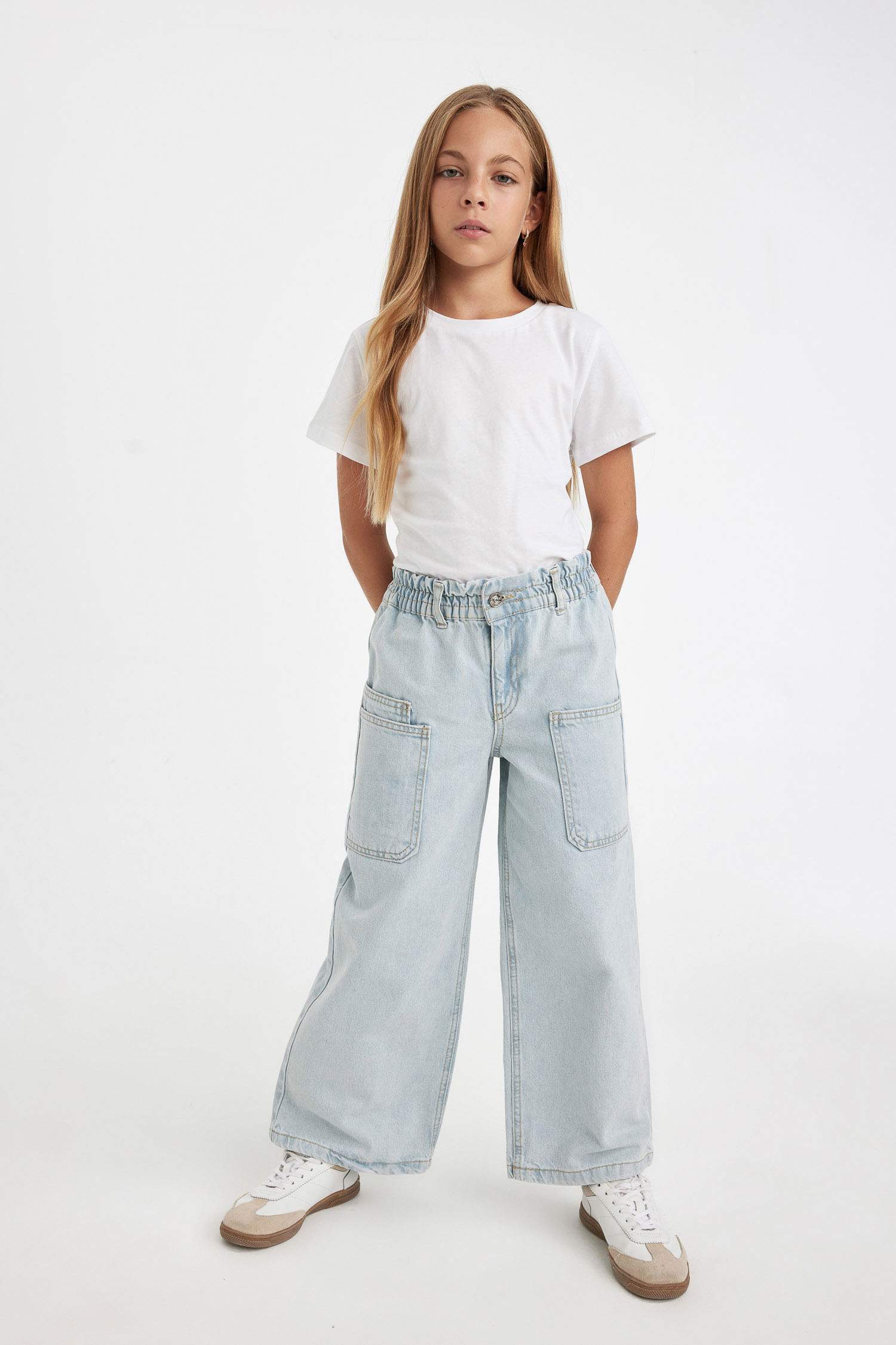 Kız Çocuk Okul Wide Leg Geniş Paça Beli Lastikli Cepli Jean Pantolon