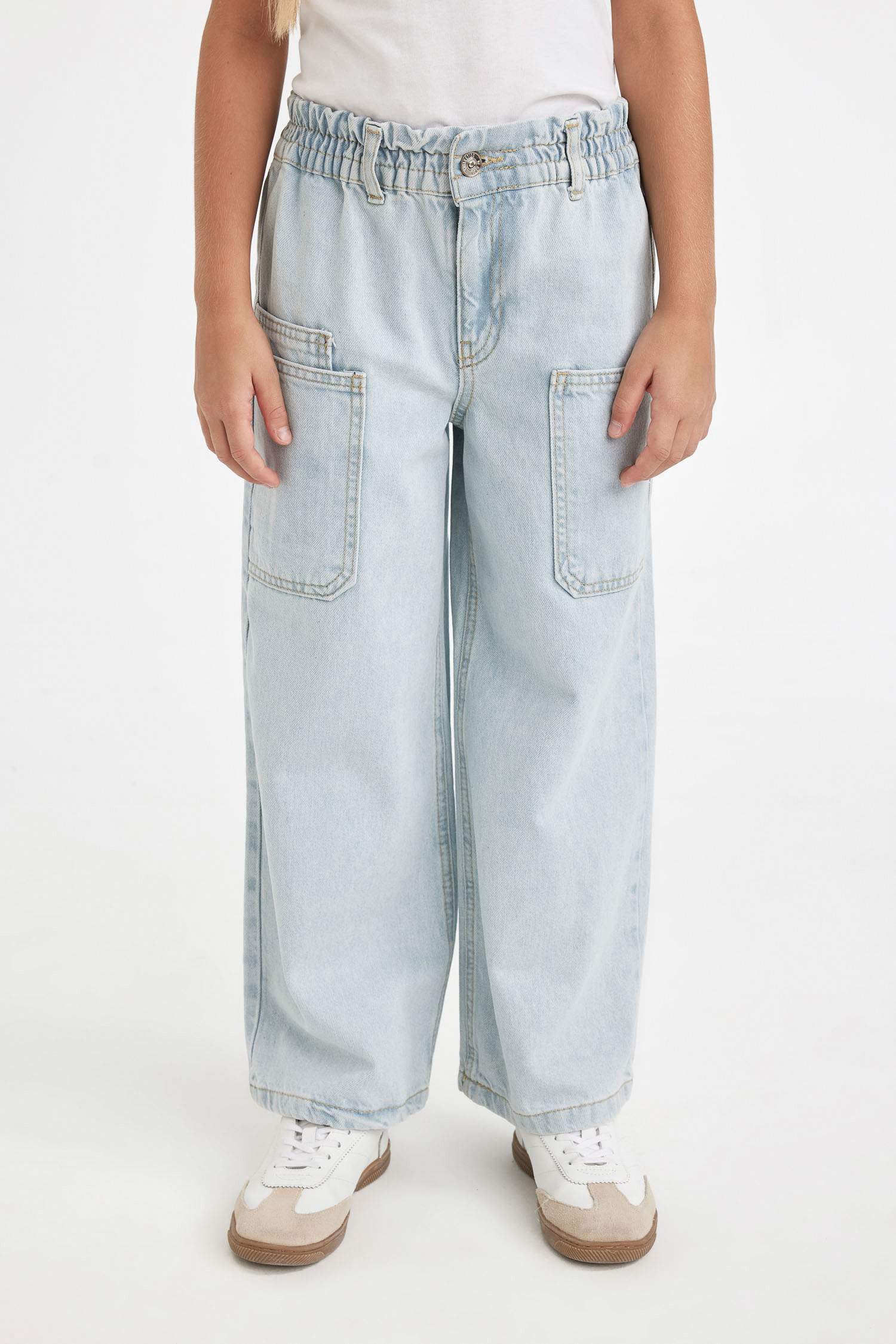 Kız Çocuk Okul Wide Leg Geniş Paça Beli Lastikli Cepli Jean Pantolon