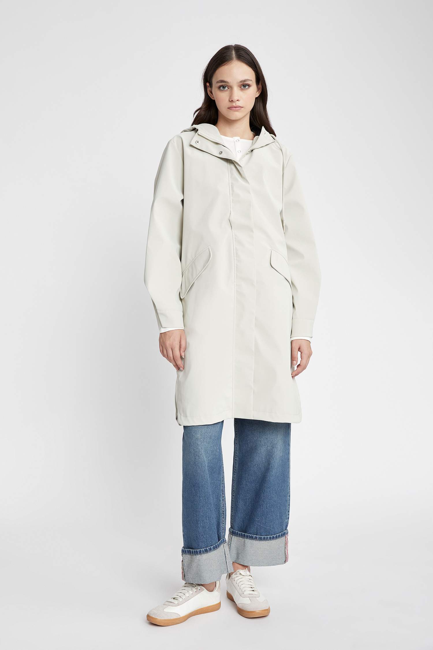 Su Geçirmez Oversize Geniş Kalıp Kapüşonlu Fermuar Kapamalı Cepli Uzun Mevsimlik Yağmurluk