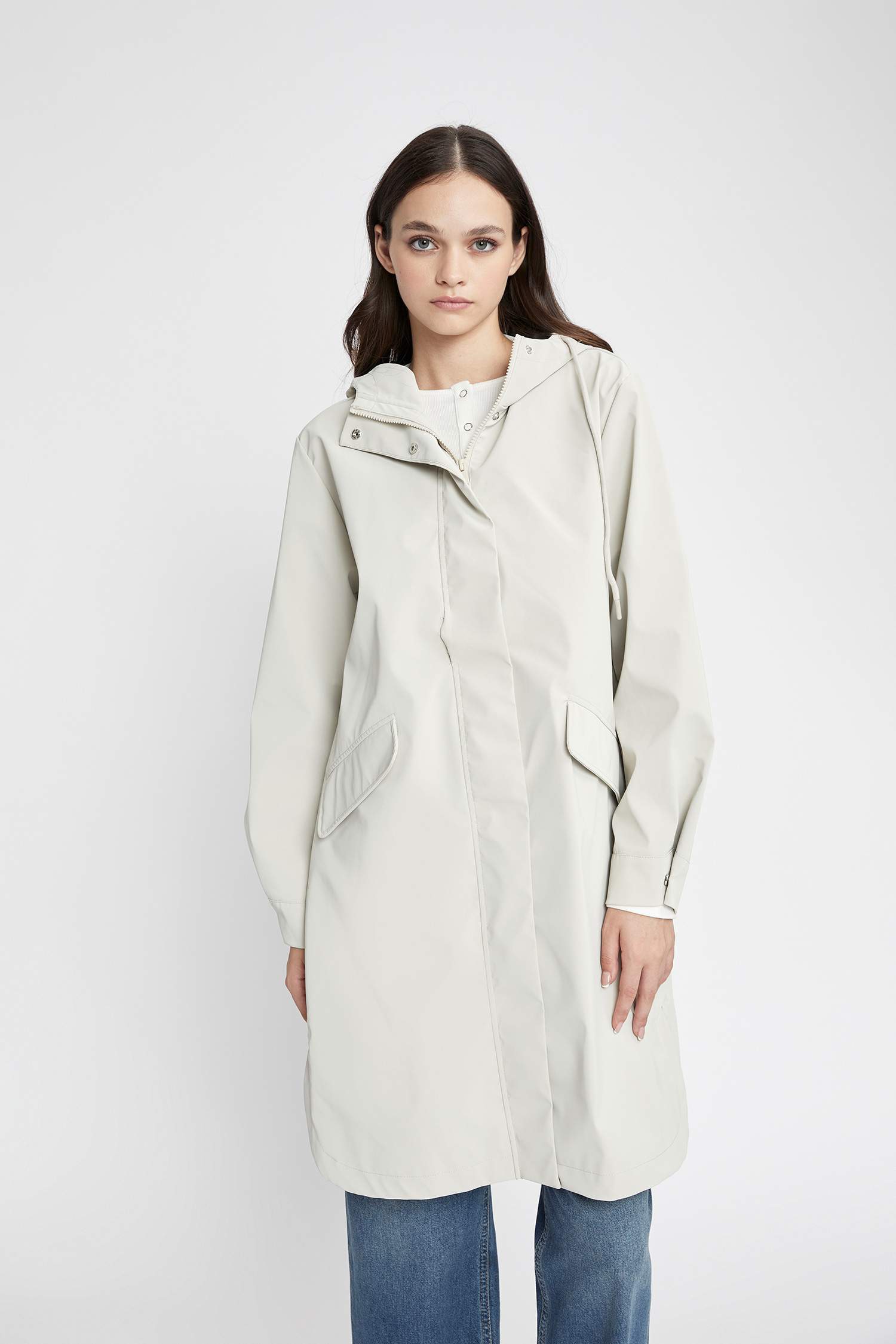 Su Geçirmez Oversize Geniş Kalıp Kapüşonlu Fermuar Kapamalı Cepli Uzun Mevsimlik Yağmurluk