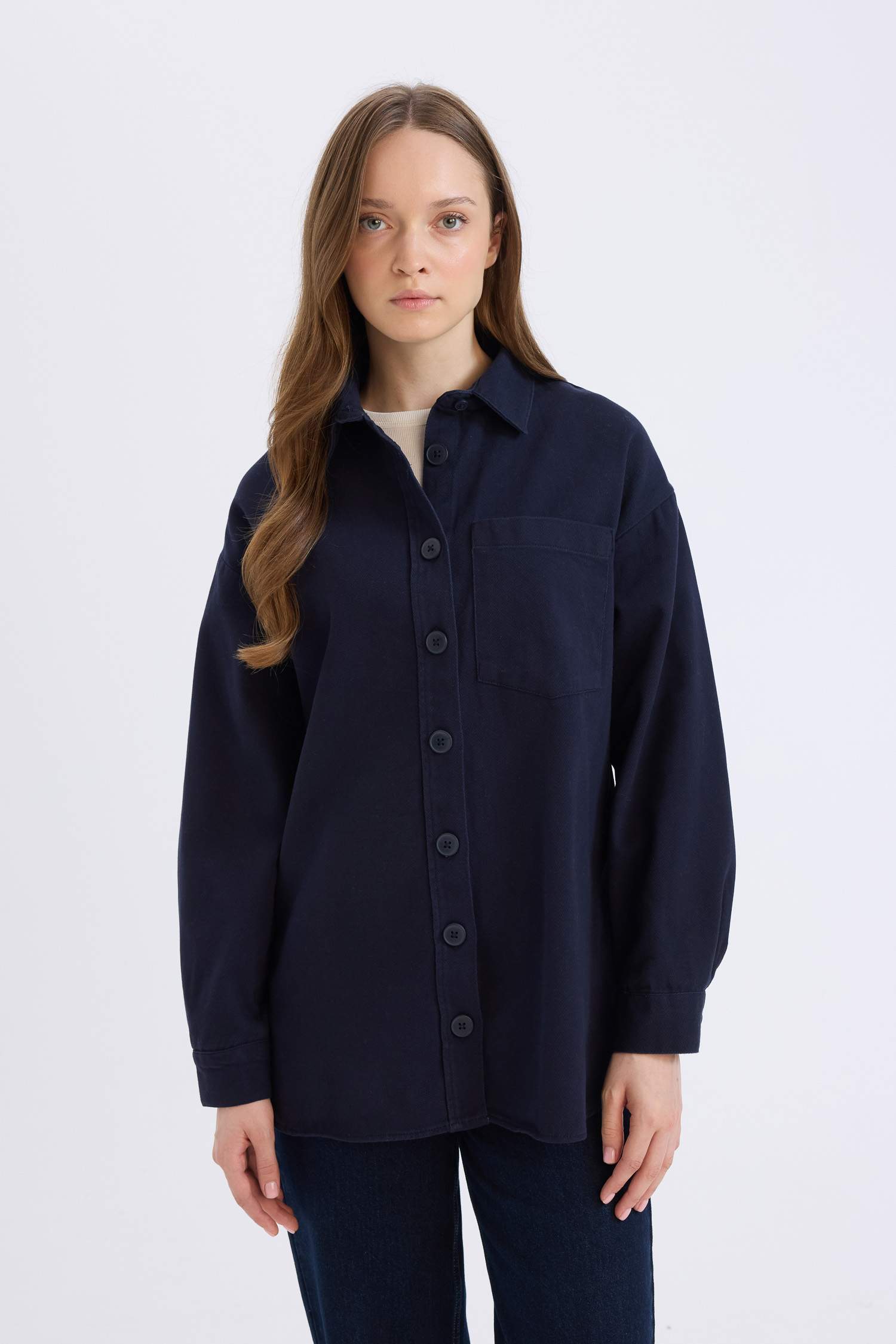 Relax Fit Basic Düz Gabardin Uzun Kollu Gömlek Tunik